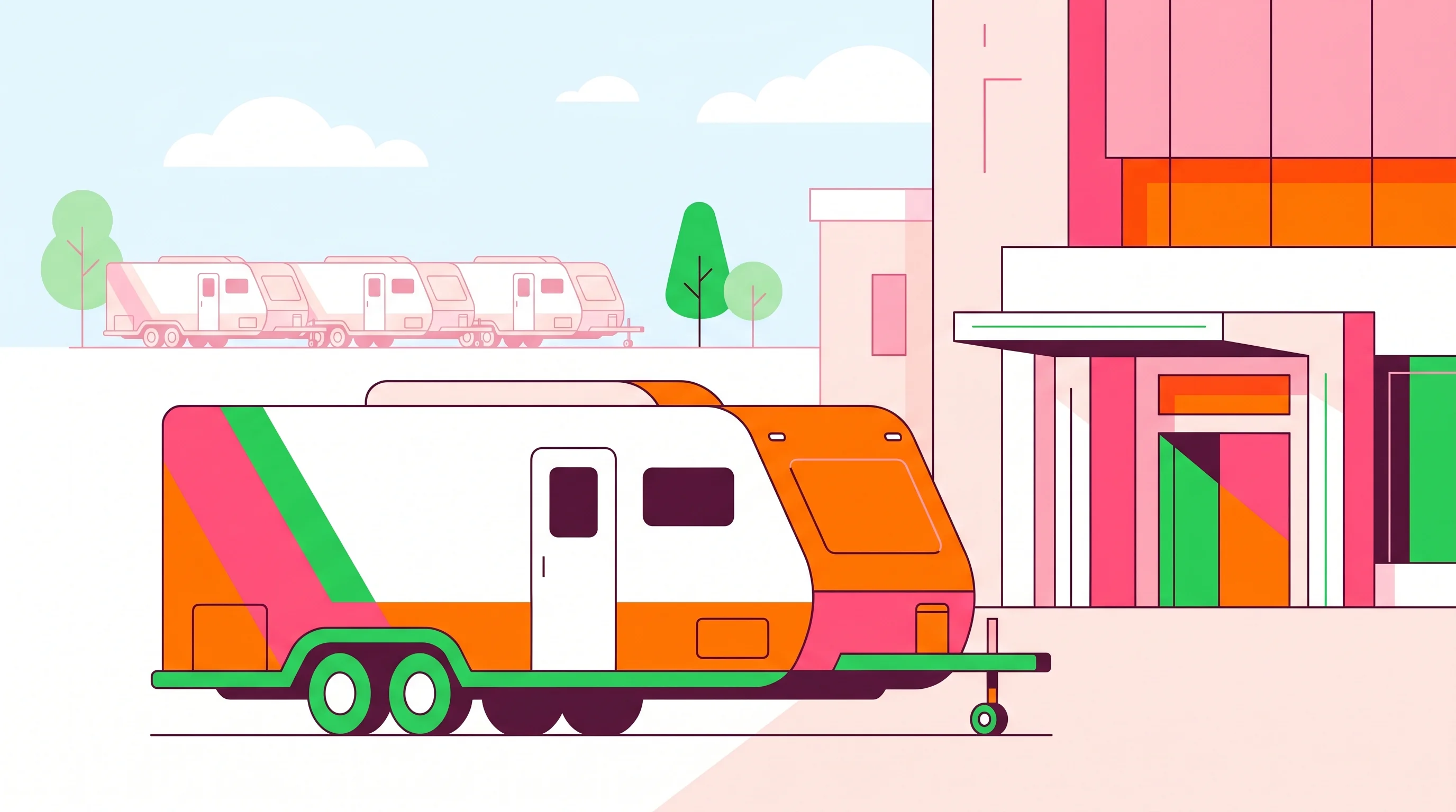 Digital illustration for article section "The Broader Competitive Landscape" in "Gradient-Free MRI: How Adialante Plans to Democratize Cancer Screening" - A sleek, modern mobile MRI medical trailer parked beside a contemporary hospital building, represent...