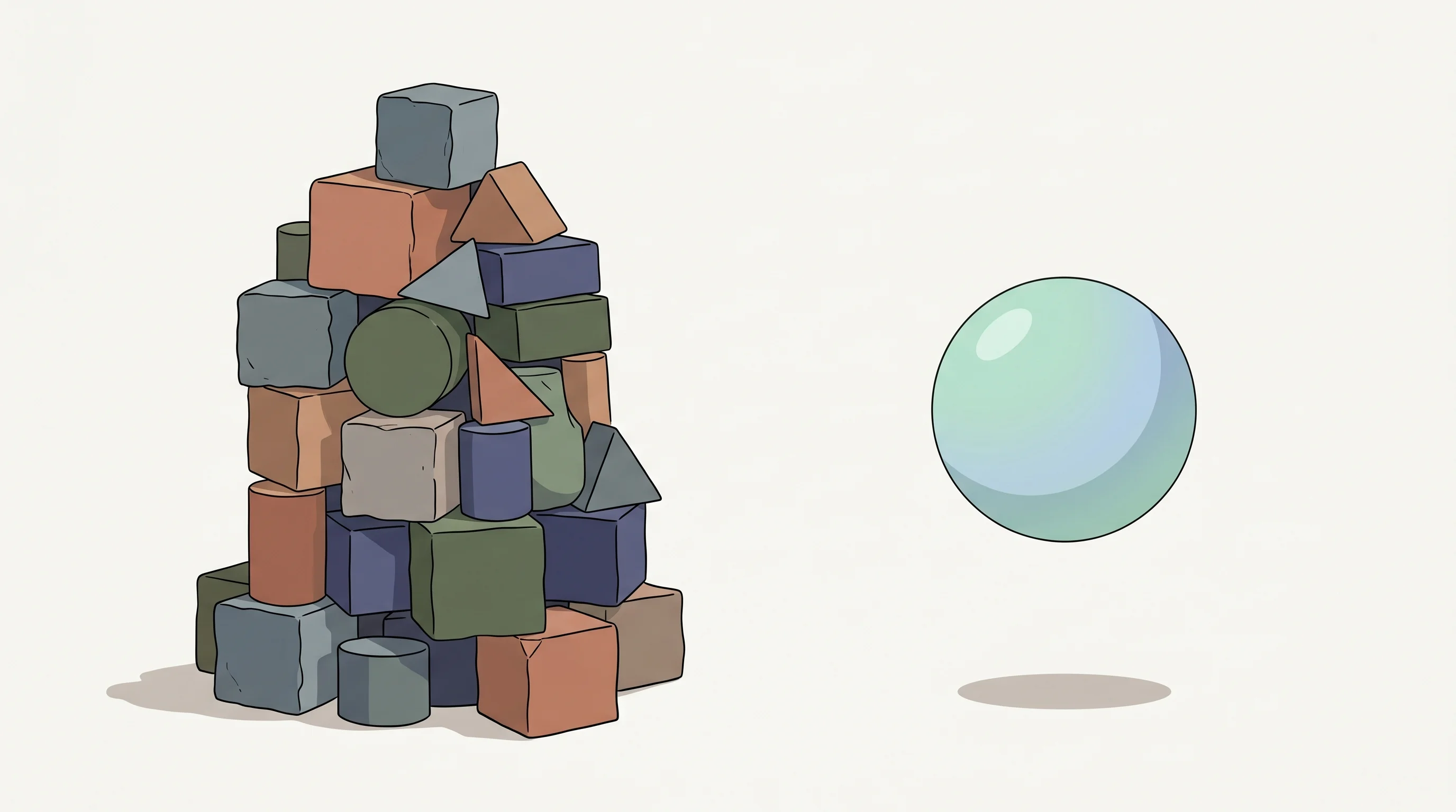 Digital illustration for article section "The WebRTC Comparison No One Wanted to Make (But Everyone Is Making)" in "Iroh 1.0 Launches: 'Dial Keys, Not IPs' for Peer-to-Peer Apps" - A minimalist, conceptual illustration comparing a towering, heavy stack of cumbersome, mismatched ge...