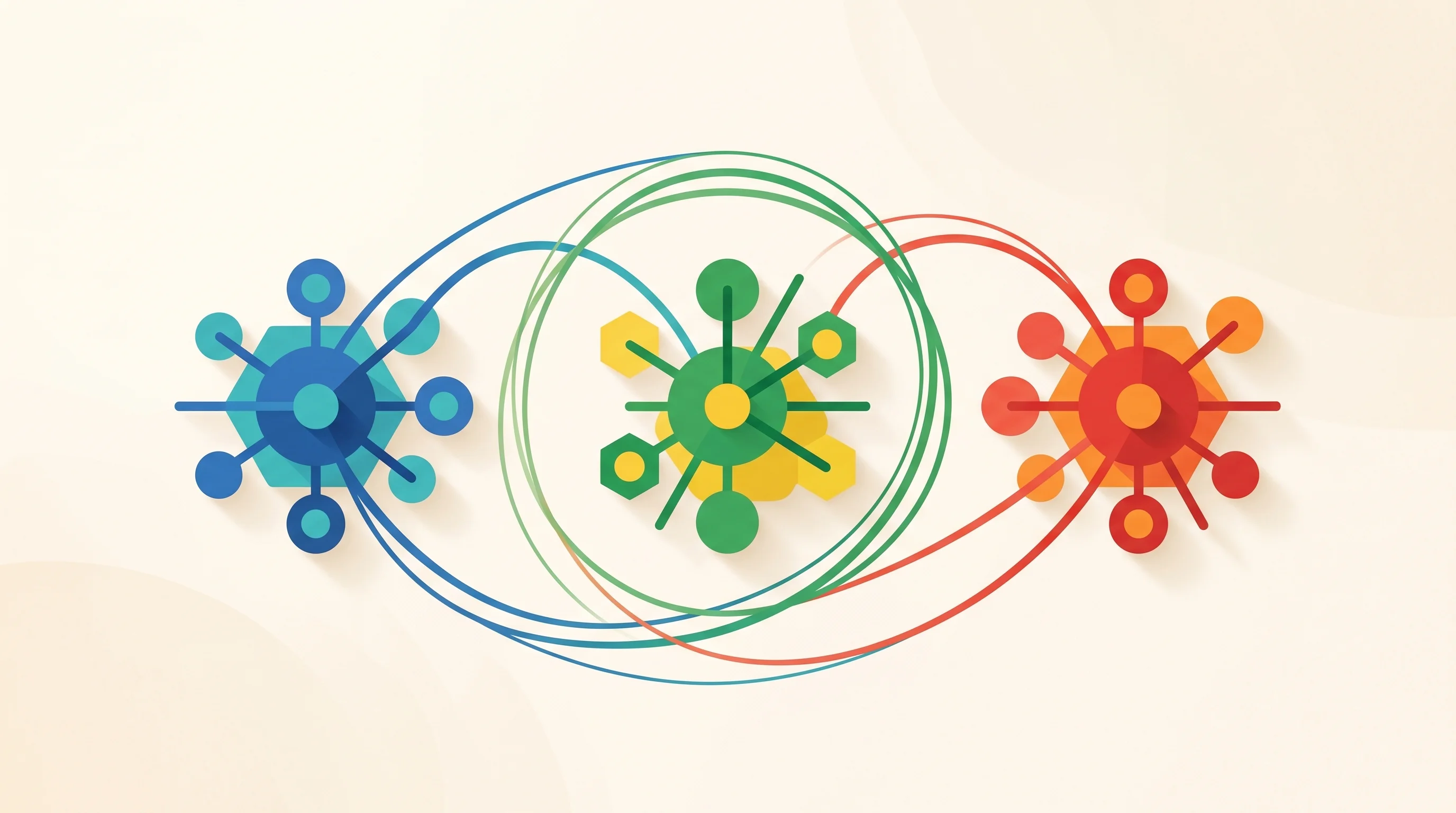 Digital illustration for article section "Case Studies and Unanswered Questions" in "Iroh 1.0 Launches: 'Dial Keys, Not IPs' for Peer-to-Peer Apps" - A minimalist, conceptual illustration representing three distinct case studies of distributed networ...