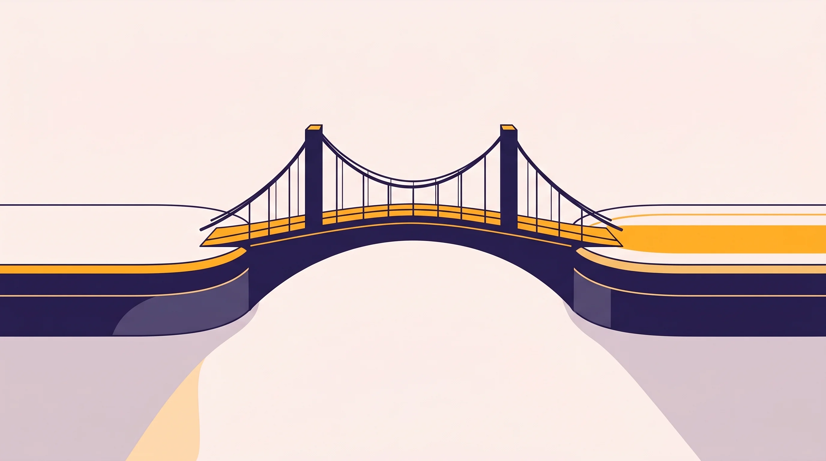 Digital illustration for article section "Betting on Stability" in "Iroh 1.0 Launches: 'Dial Keys, Not IPs' for Peer-to-Peer Apps" - A minimalist and expressive illustration of a perfectly balanced, sturdy architectural bridge seamle...