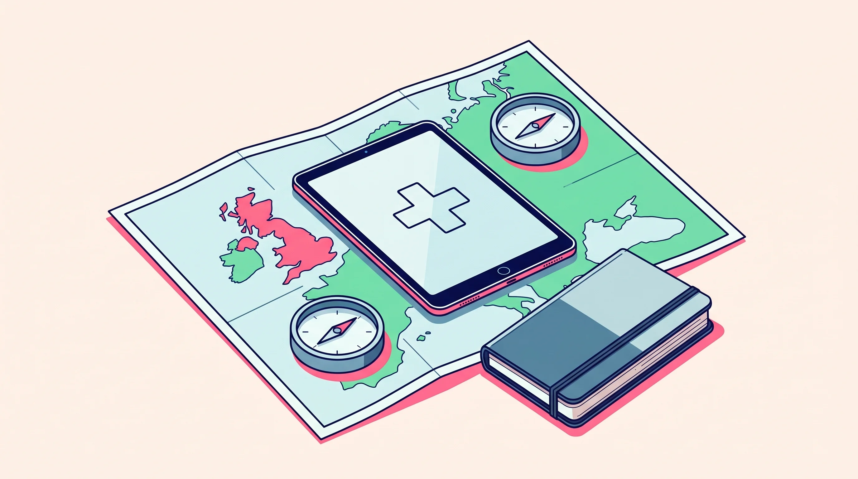 Digital illustration for article section "An International Playbook Takes Shape" in "Everlab Lands $65M Series A at Near-$500M Valuation for Preventative Care" - A conceptual, modern illustration representing an international healthcare expansion playbook, featu...