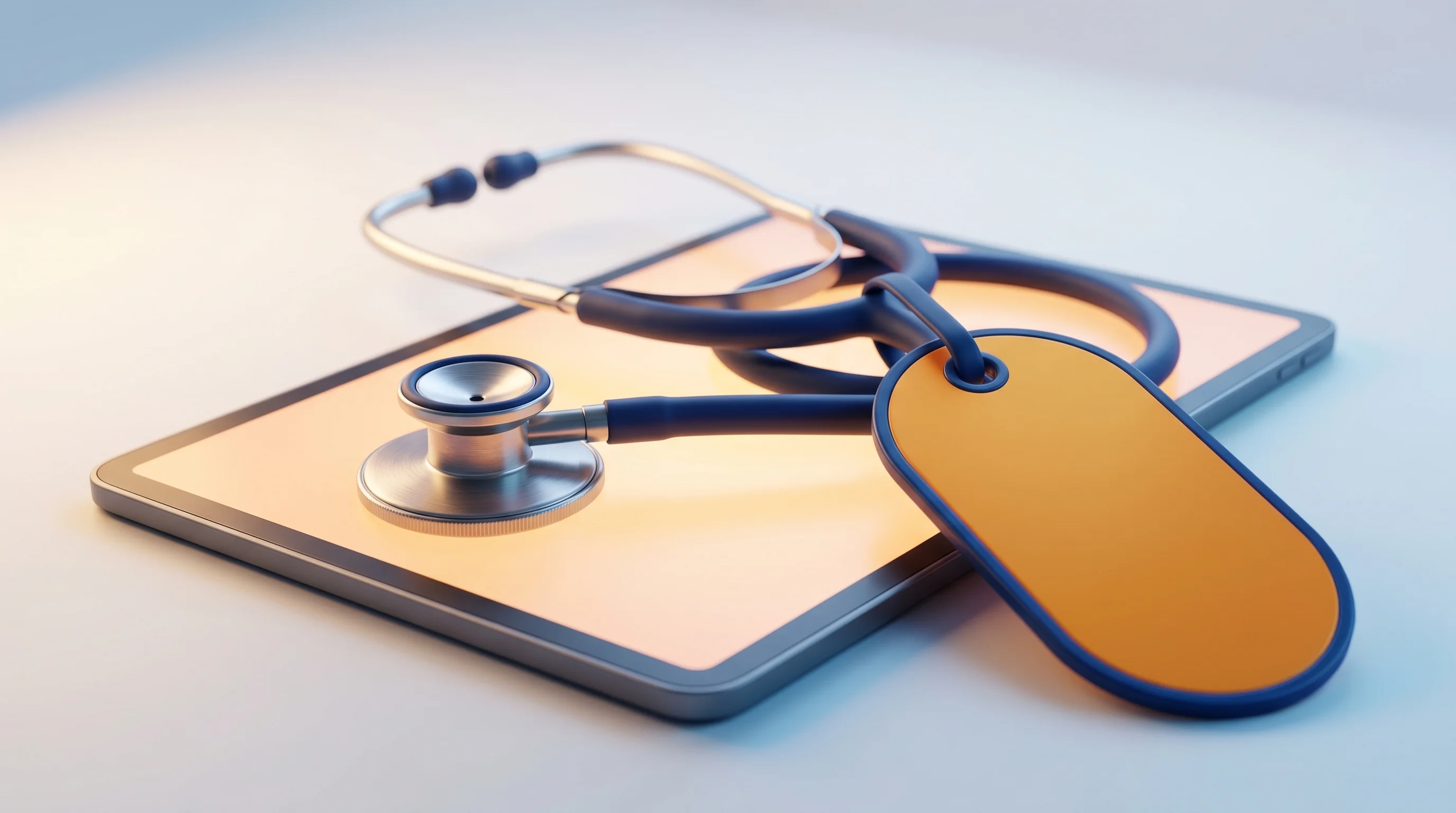 Digital illustration for article section "The Human-in-the-Loop Problem" in "Circle Medical Founders Launch Clara AI Primary Care with $12M" - A hyperreal 3D animation style rendering of a sleek, modern medical stethoscope delicately resting o...