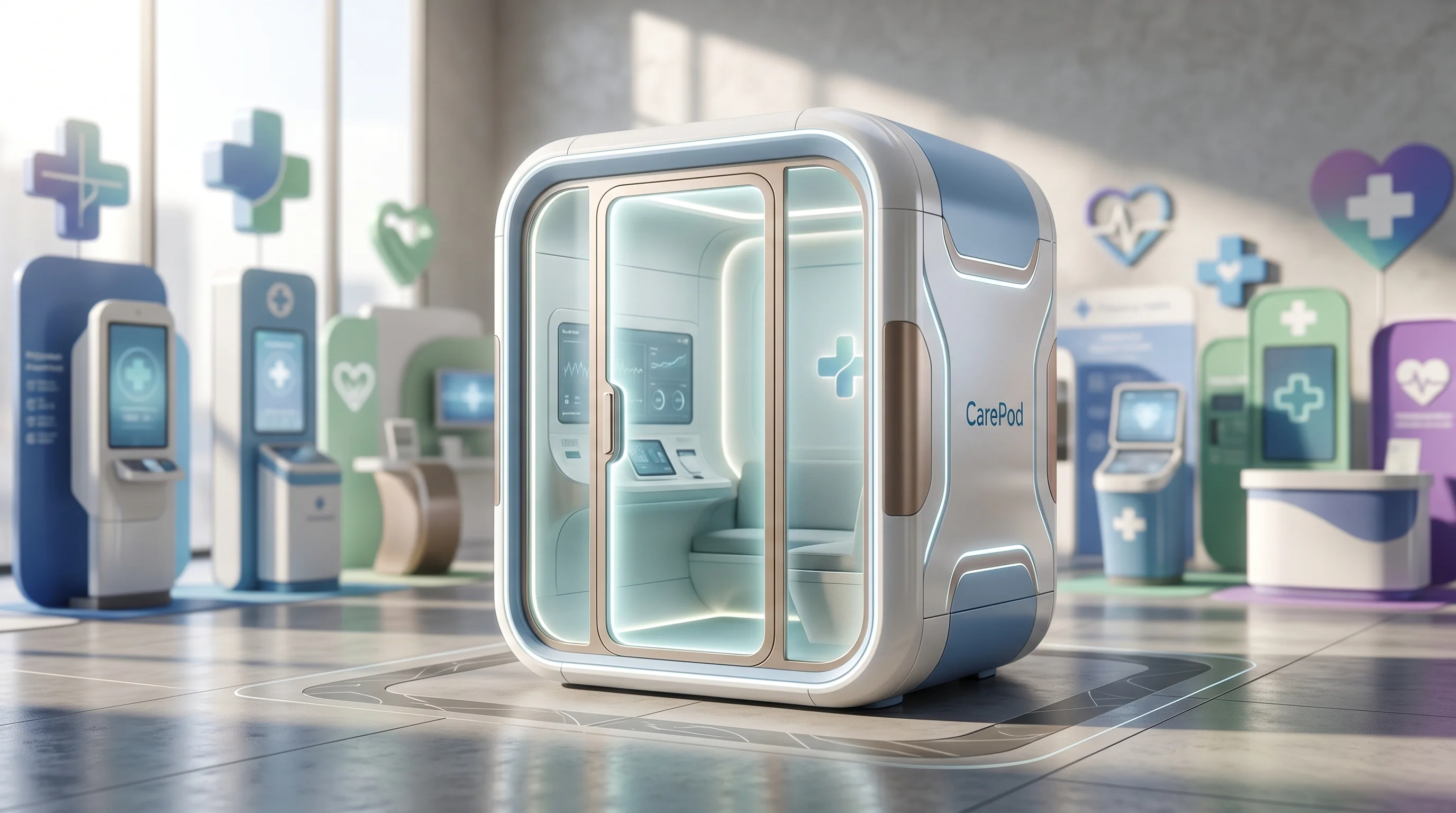 Digital illustration for article section "A Crowded, Contested Market" in "Circle Medical Founders Launch Clara AI Primary Care with $12M" - A pristine, futuristic virtual healthcare pod stands prominently in the foreground, its sleek, gloss...