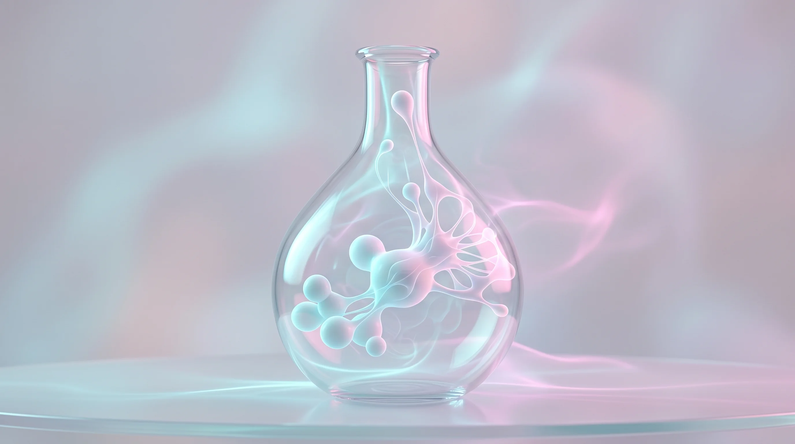 Digital illustration for article section "The Proving Ground Ahead" in "Foundation Models Come to Drug Manufacturing: AbInitio Bio's Echo" - A sleek, minimalist glass laboratory vessel serves as the central focal point against a soft, unclut...