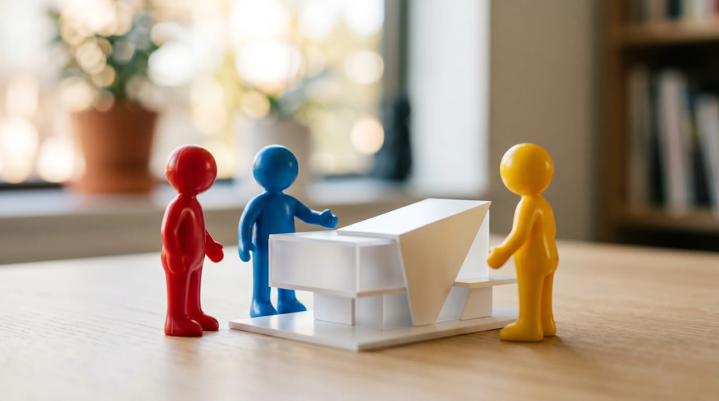 Digital illustration for article section "The Founders: Google Alumni with a Proof Problem" in "Pramaana Labs Raises $27M Seed to Make AI Provably Correct" - A macro photography shot of three generic, featureless plastic toy figures standing collaboratively ...