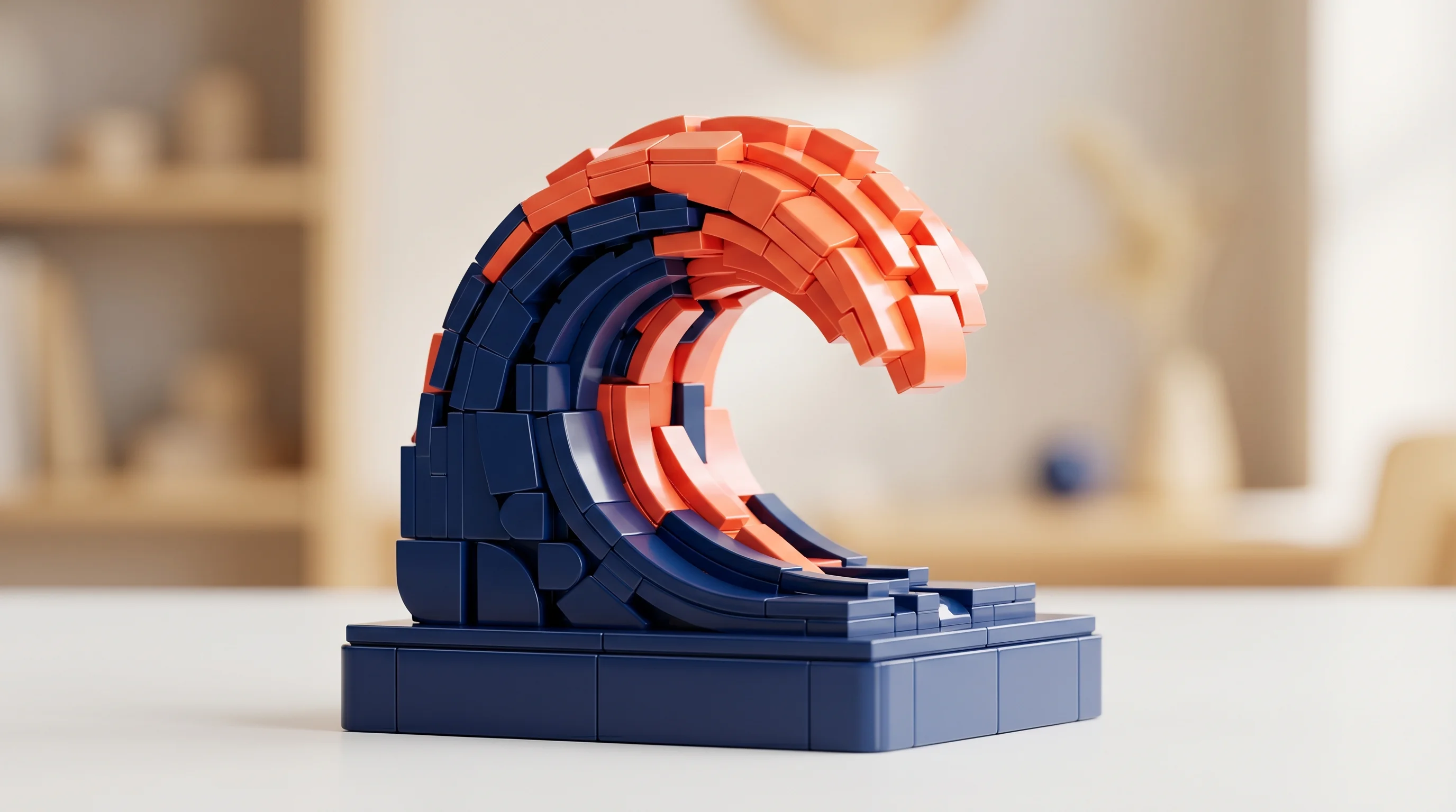 Digital illustration for article section "Riding the Wave—or Creating It?" in "Pramaana Labs Raises $27M Seed to Make AI Provably Correct" - A minimalist macro photography shot of a sleek, abstract wave constructed entirely from interlocking...