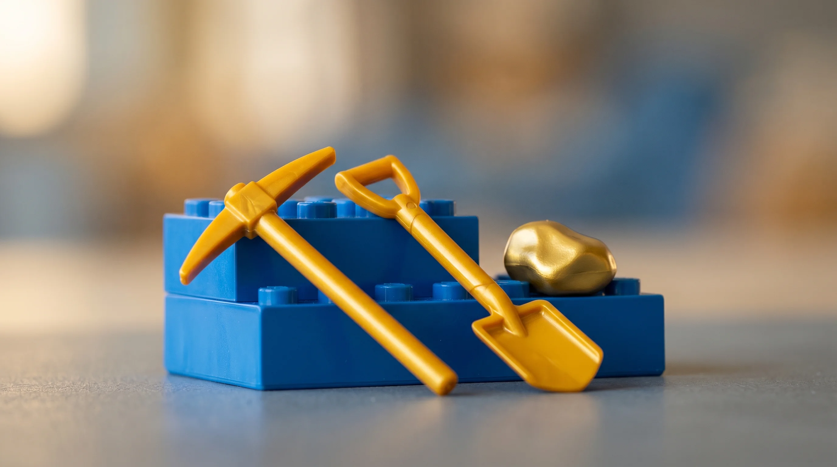 Digital illustration for article section "The Infrastructure Play No One's Talking About" in "Pramaana Labs Raises $27M Seed to Make AI Provably Correct" - A clean and minimalist macro photography shot of a stylized, modern plastic miniature pickaxe and sh...