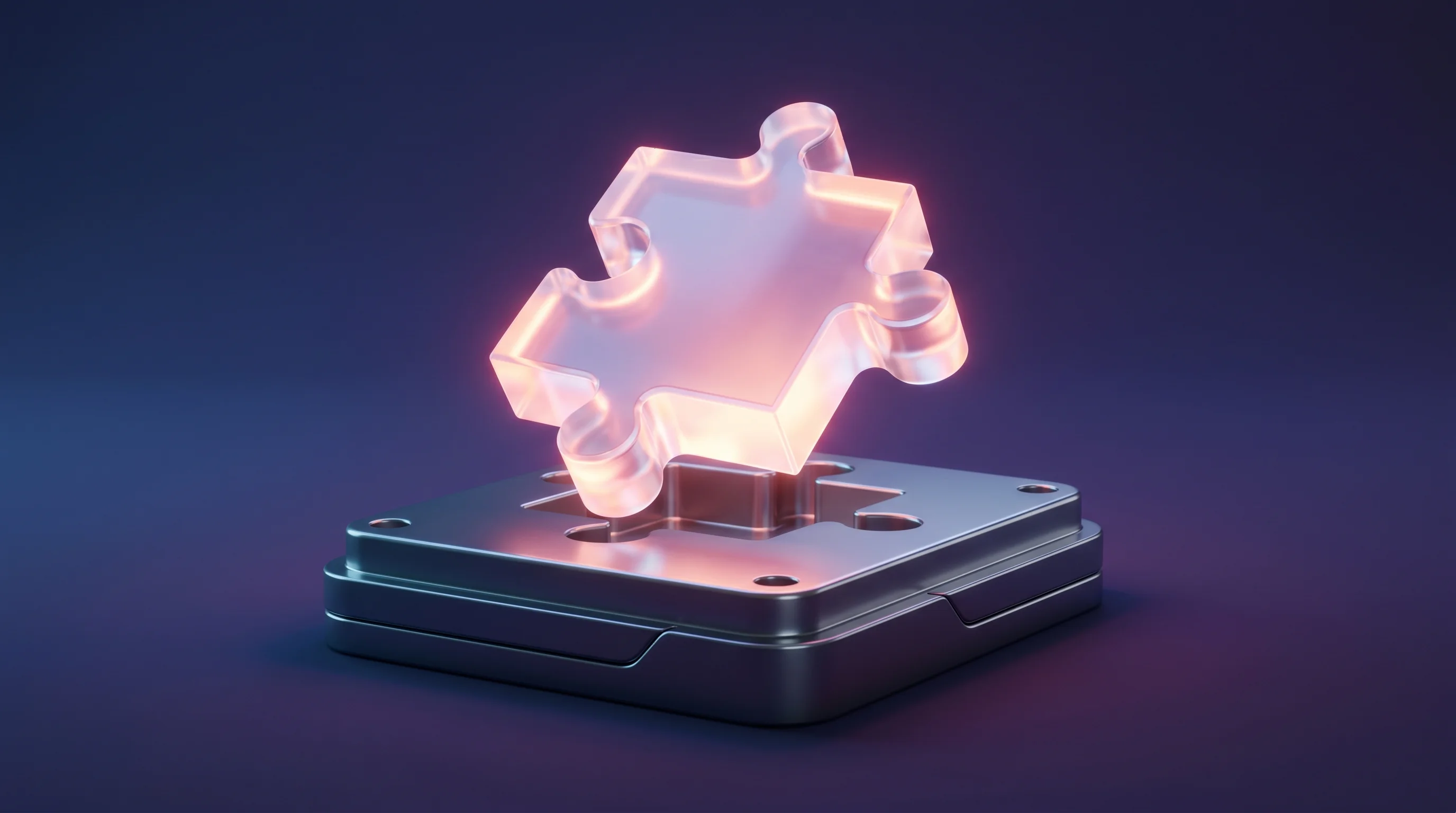 Digital illustration for article section "The Manufacturing Puzzle" in "Arcade's $25M Series A Powers AI-Driven Physical Product Revolution" - A clean, minimal 3D composition representing the complexities of custom manufacturing, featuring a s...