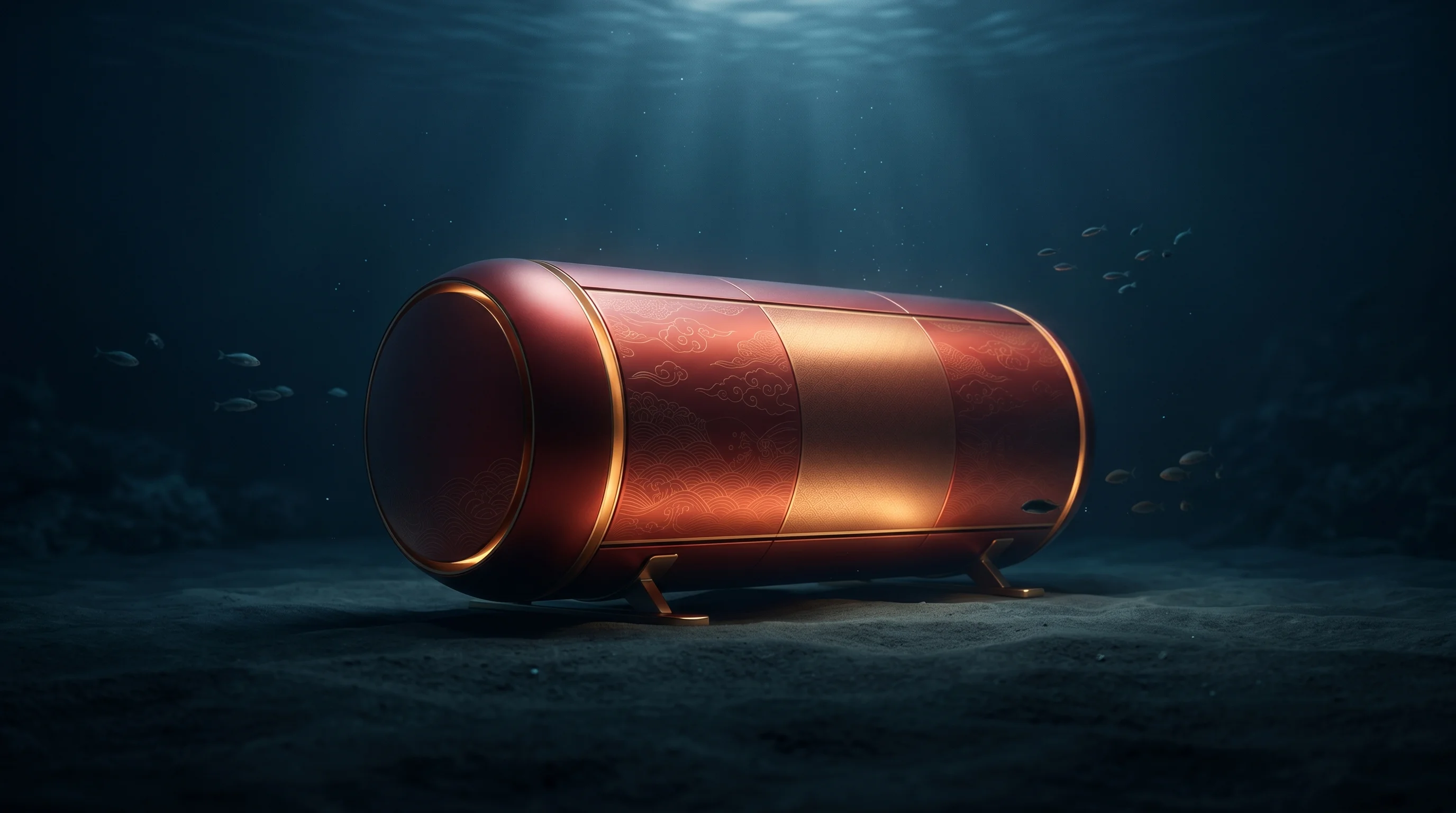 Digital illustration for article section "A Crowded Horizon" in "Peter Thiel Backs $140M Bet on Wave-Powered Ocean Data Centers" - A sleek, modern underwater data center capsule submerged peacefully in the deep ocean, representing ...
