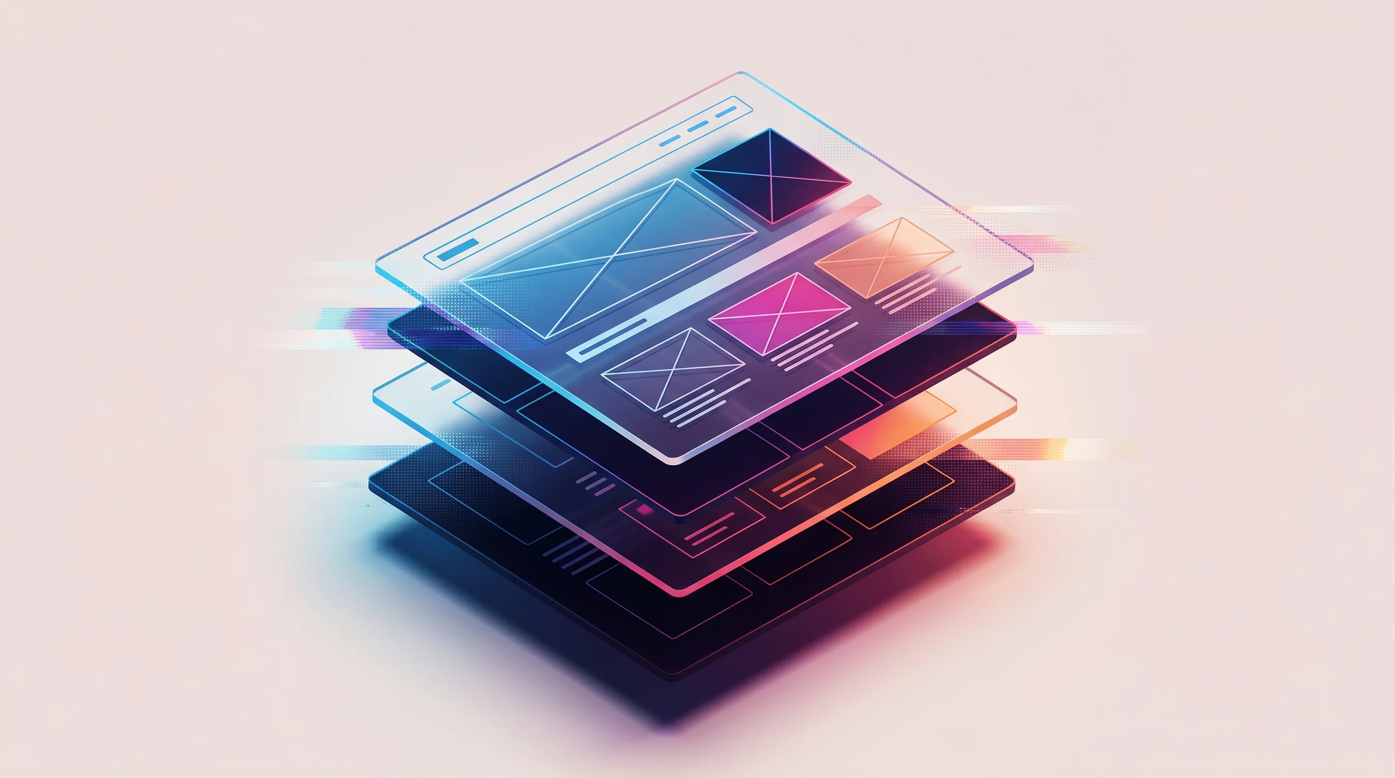 Digital illustration for article section "The Webflow Years" in "Webflow Co-Founder Launches AI Marketing Platform With $27M Seed" - A clean, minimalist conceptual representation of website building and visual development, featuring ...