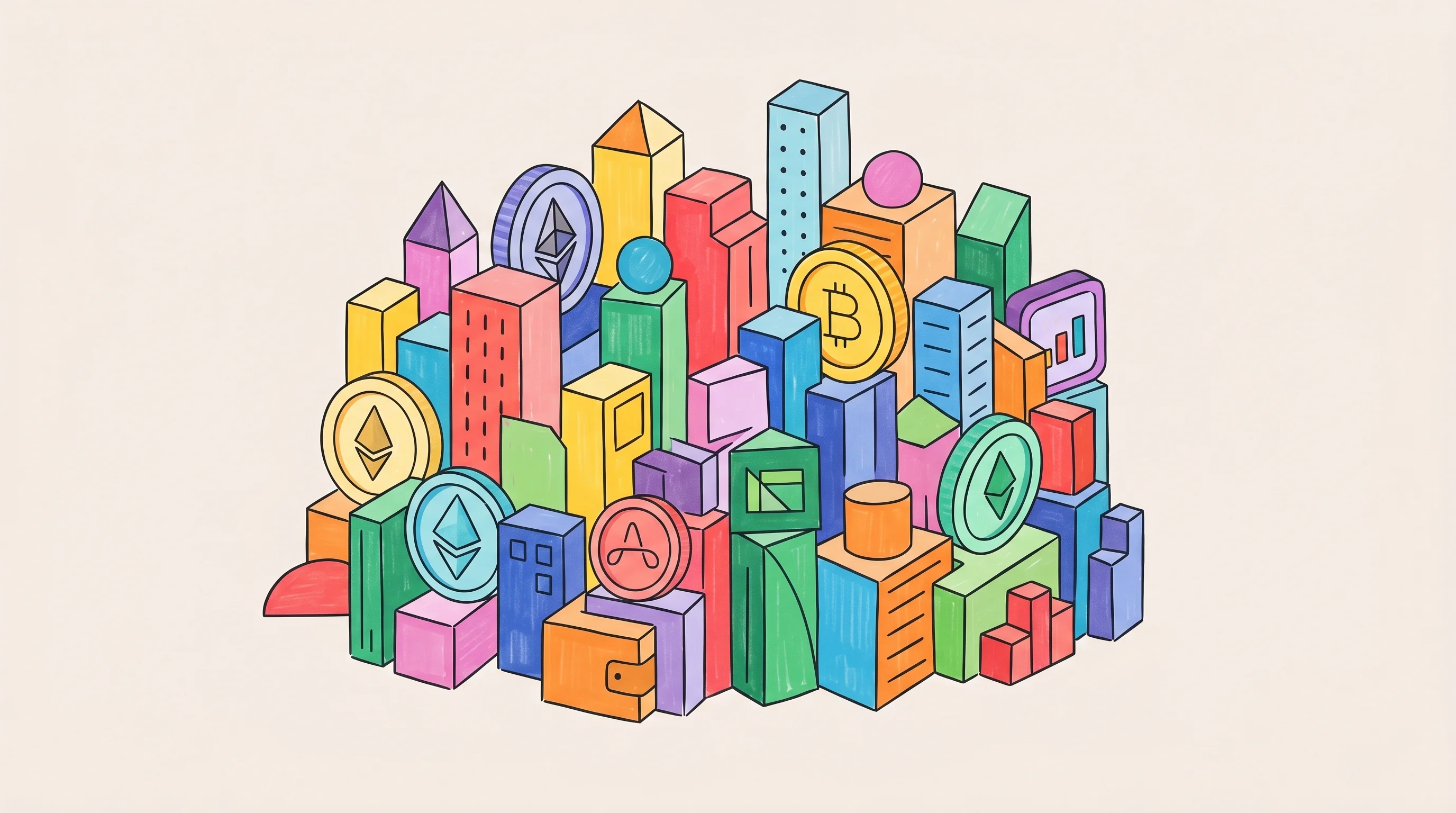 Digital illustration for article section "A Crowded Solana Landscape" in "Backpack Securities Brings 24/5 Stock Trading to Solana Blockchain" - A conceptual, modern editorial illustration depicting a crowded but organized financial landscape, f...
