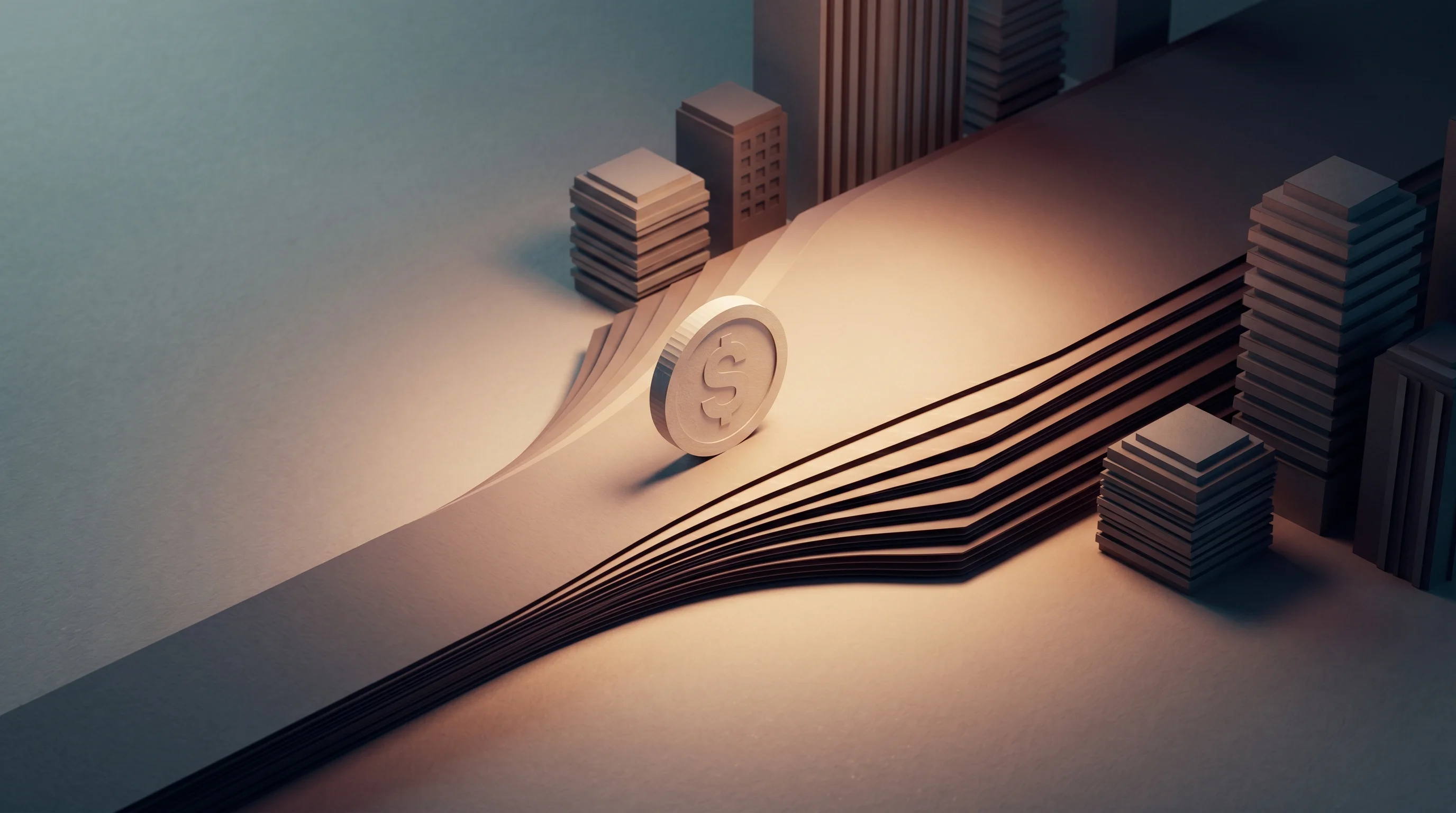 Digital illustration for article section "A Market That Went From Fringe to Almost-Mainstream" in "Zebec Launches Real-Time Stablecoin Payroll on Stellar Network" - A clean, minimal 3D papercraft diorama representing the transition of stablecoin payroll from a frin...