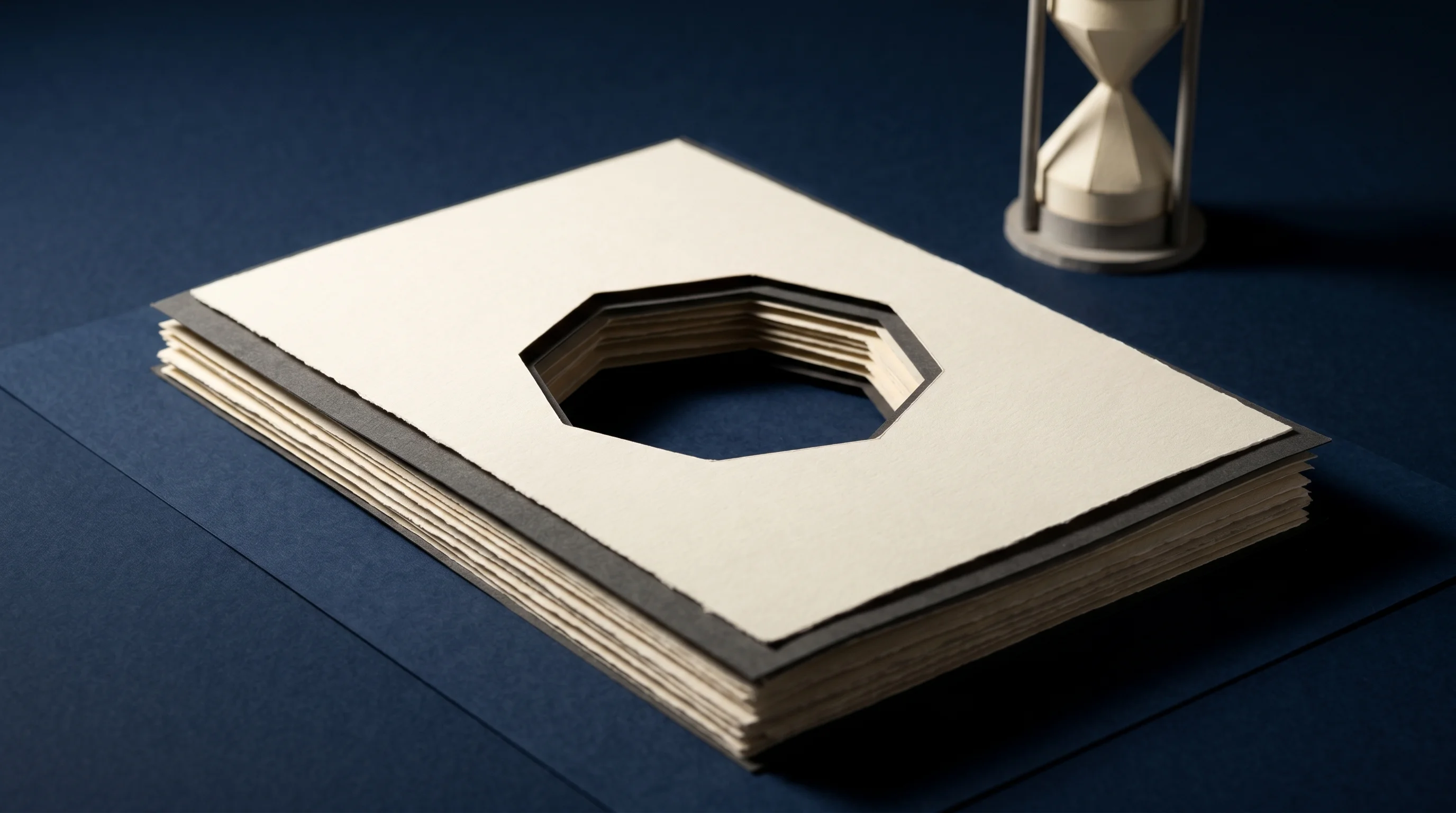 Digital illustration for article section "The Gaps That Matter" in "Zebec Launches Real-Time Stablecoin Payroll on Stellar Network" - A minimalist, conceptual 3D papercraft diorama representing unanswered financial questions, featurin...