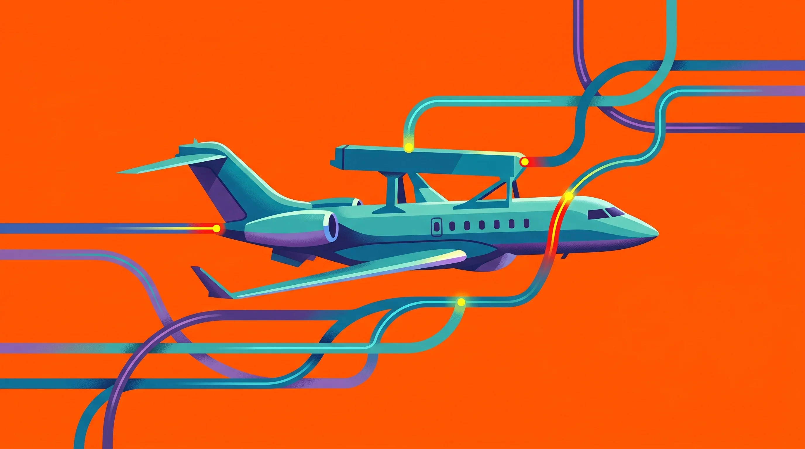 Digital illustration for article section "Two Big Partnerships Announced in Quick Succession" in "Comand AI Raises €32M Series A for Defense Command Software" - A sleek, minimal illustration of an airborne early warning and control aircraft with a distinctive t...