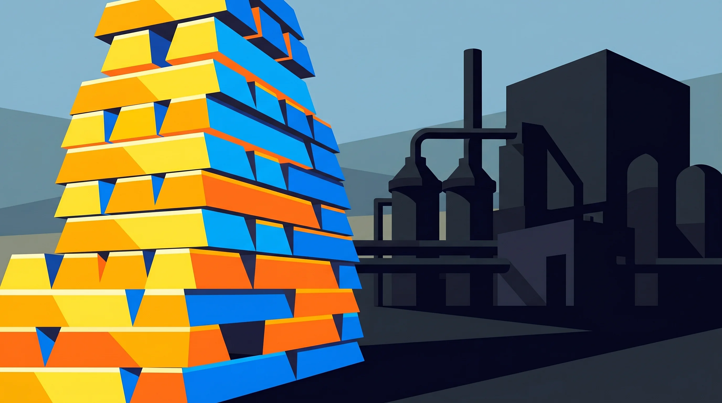 Digital illustration for article section "The China Problem" in "Magrathea's $100M+ Mission to Break China's Magnesium Stranglehold" - A bold geometric minimalist illustration representing the stark contrast in global magnesium product...