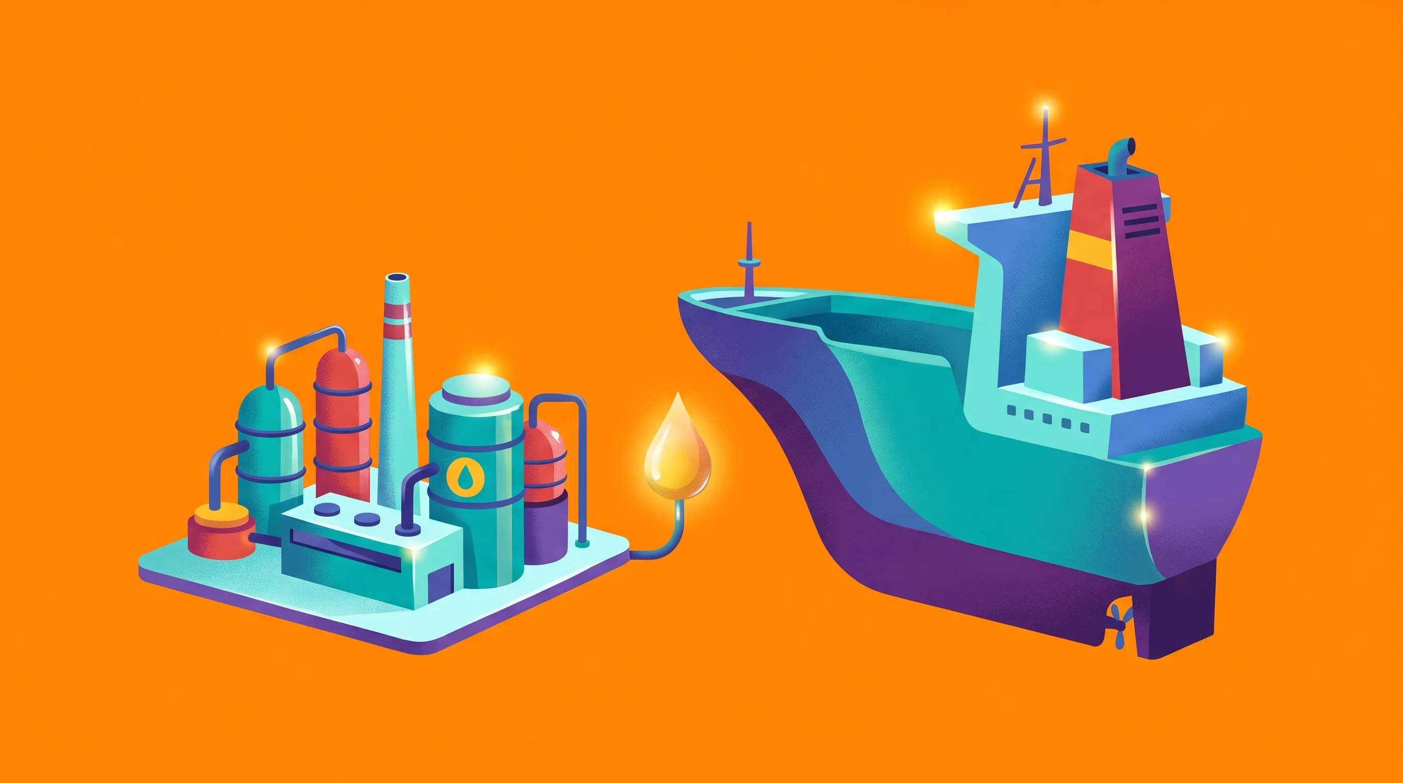Digital illustration for article section "From Demonstration to Deployment" in "Kvasir Technologies Raises €10M Series A for Marine Biofuel" - A dynamic, stylized conceptual illustration of a sleek, miniature biofuel demonstration plant seamle...