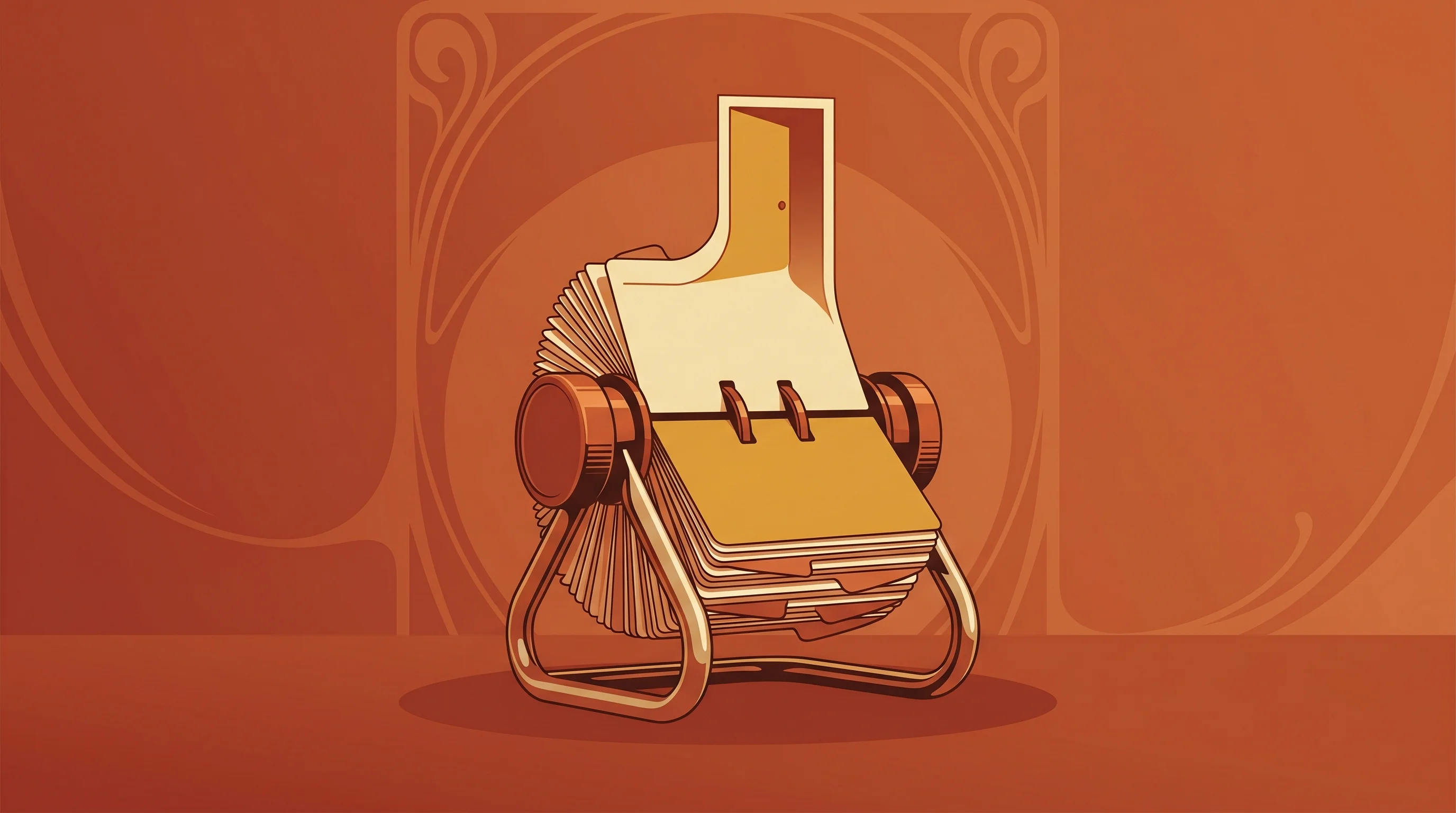 Digital illustration for article section "Building the Right Rolodex" in "Striveworks' Defense AI Bet Pays Off With $70M Government Contract" - A stylized, conceptual vintage rotary Rolodex sits centrally against a clean, uncluttered background...