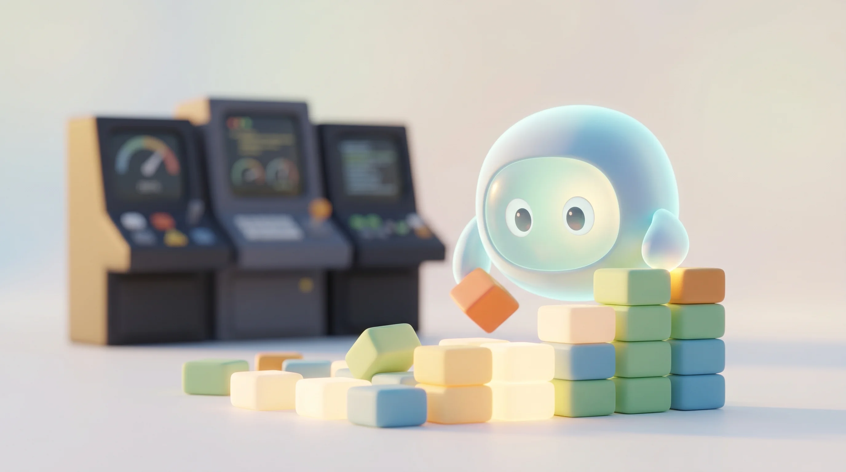 Digital illustration for article section "Logs, Agents, and the Bet on Simplicity" in "YC-Backed Sazabi Bets 'Logs Are All You Need' for AI-Era Observability" - A clean, minimalist 3D conceptual image representing observability in the AI era, featuring a cute, ...