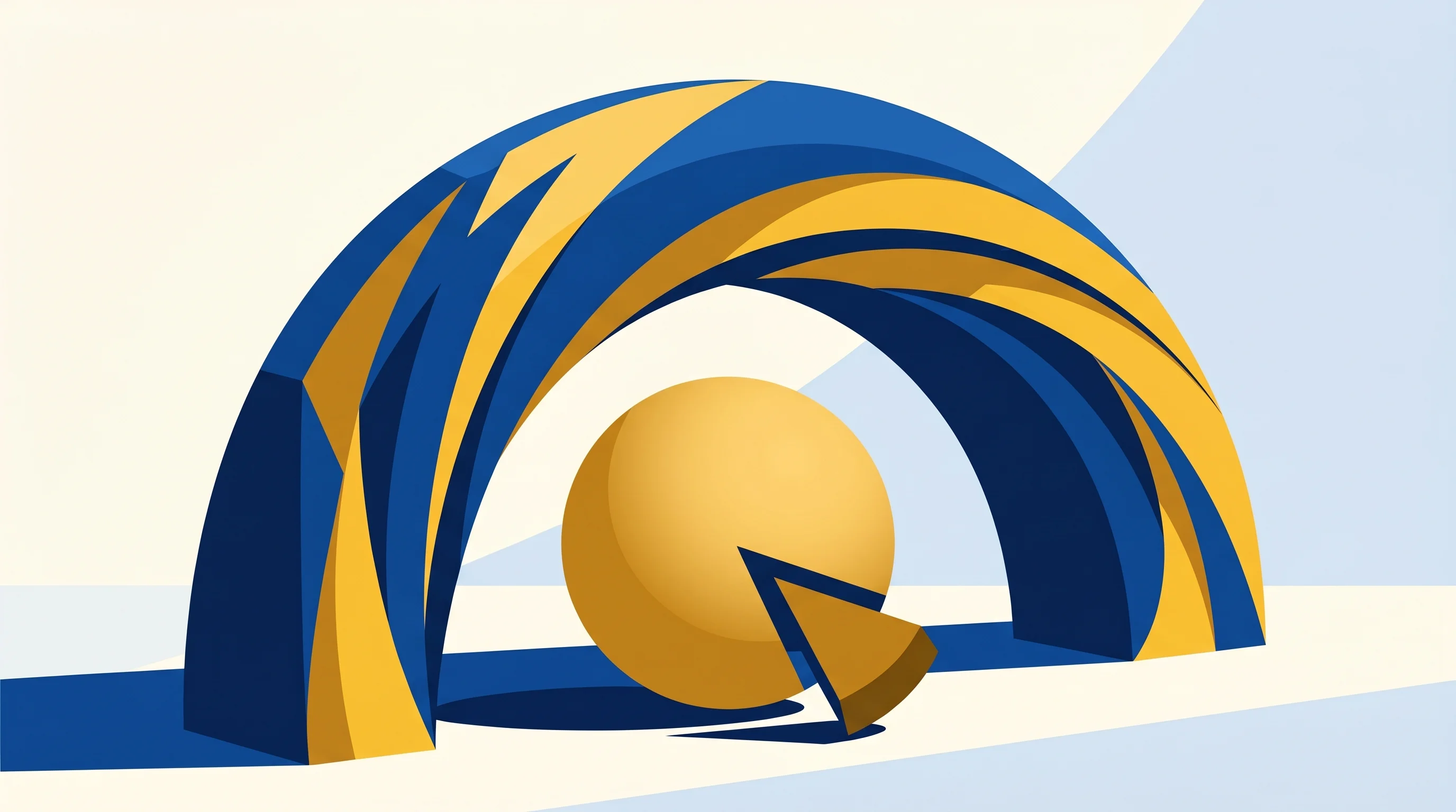 Digital illustration for article section "Regulation Moves Faster Than Solutions" in "YC's Silmaril Debuts Self-Healing Defense Against AI Prompt Attacks" - A massive, fast-moving geometric arch sweeping protectively over a single, perfectly smooth sphere, ...