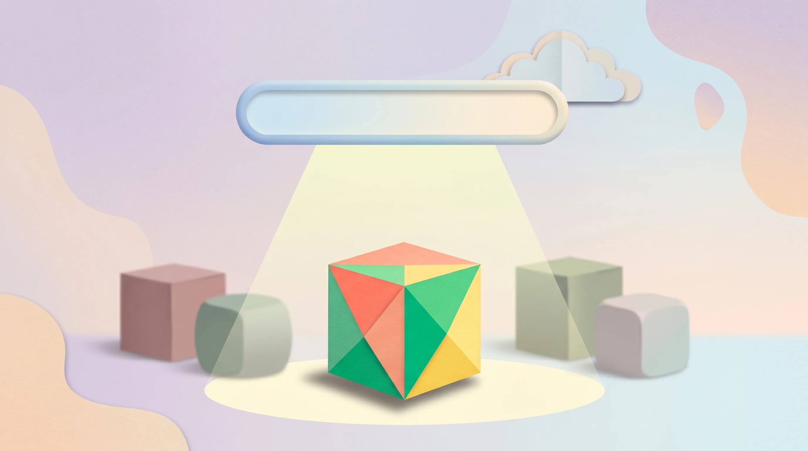 Digital illustration for article section "Content Section 2" in "YC's Scope Targets New Frontier: Optimizing Products for AI Agents" - A clean, minimal conceptual composition featuring a sleek, floating search bar emitting a soft, dire...