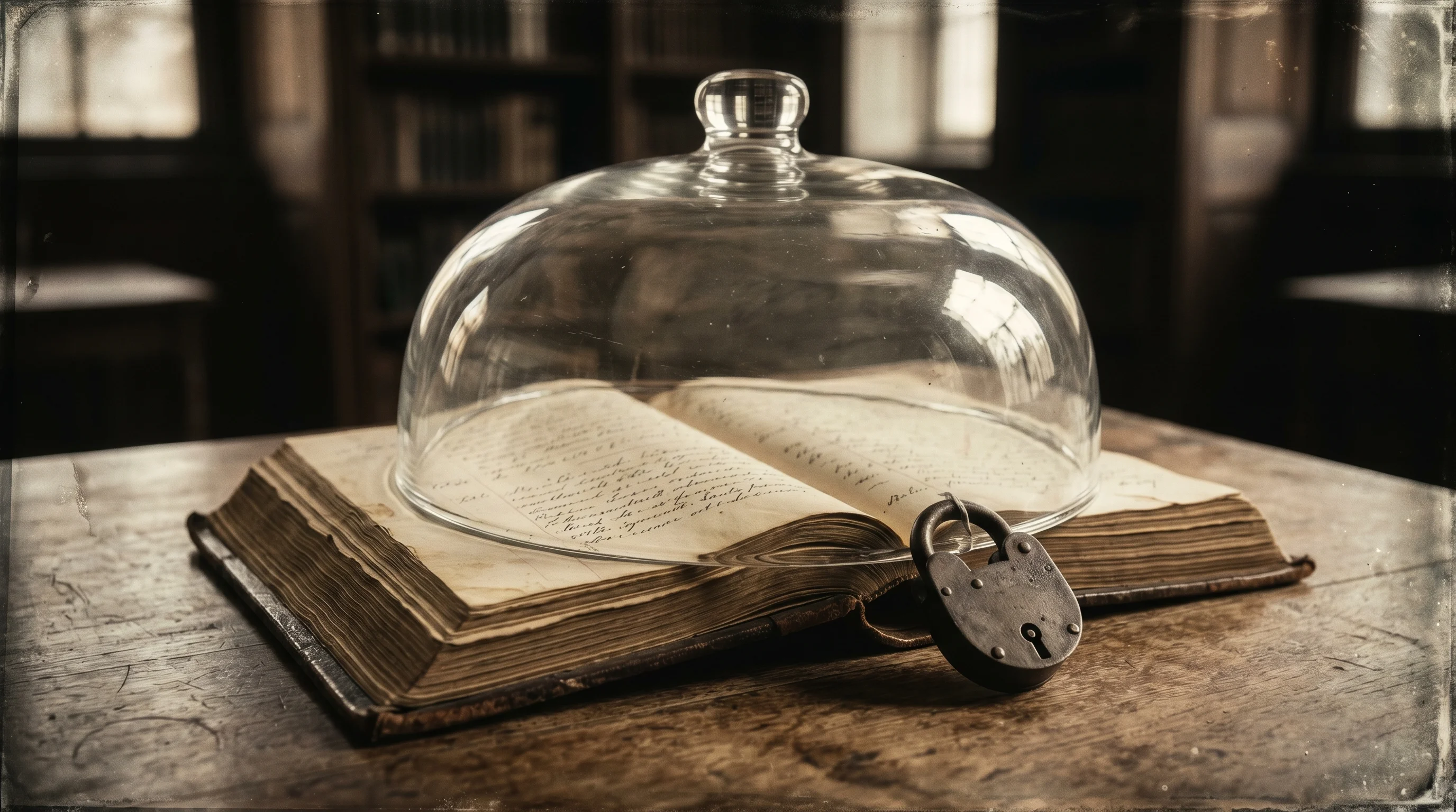 Digital illustration for article section "Open in Name Only" in "YC's Superset Launches IDE for Parallel AI Coding Agents" - A clean, minimalist conceptual still life featuring a thick, antique ledger lying open beneath a hea...