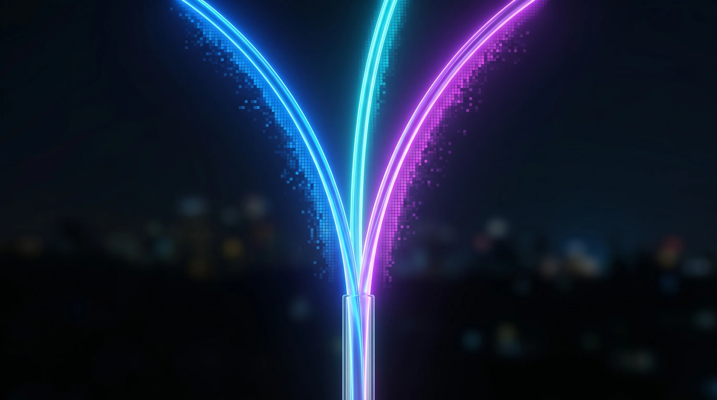 Digital illustration for article section "Why Now? Three Converging Pressures" in "The Race to Build Reusable Space Factories: How Reentry Vehicles Are Unlocking Orbital Drug Manufacturing" - Three pristine, luminous strands of optical fiber converging downward into a single, flawless glass ...