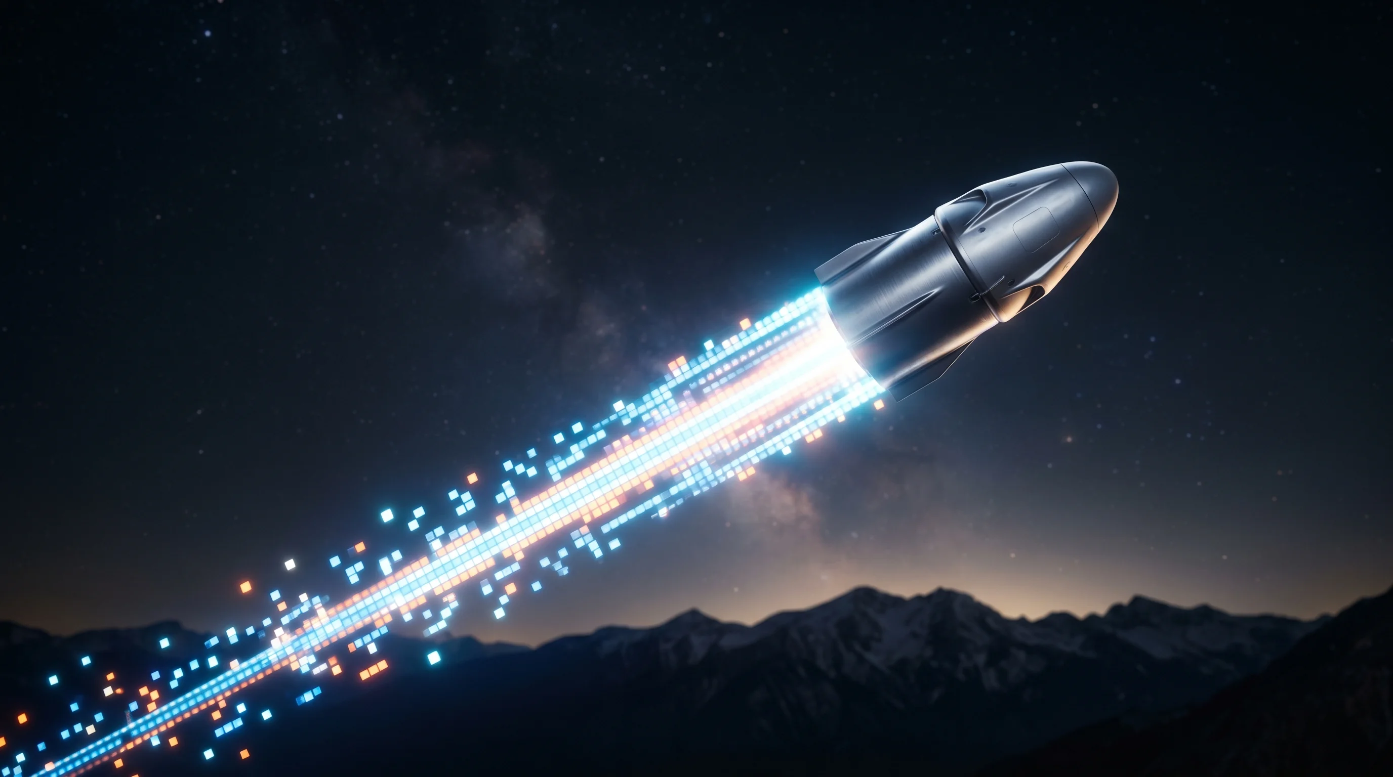 Digital illustration for article section "Who's Racing Whom?" in "The Race to Build Reusable Space Factories: How Reentry Vehicles Are Unlocking Orbital Drug Manufacturing" - A clean, minimal composition featuring a single, sleek metallic space capsule soaring dynamically ac...