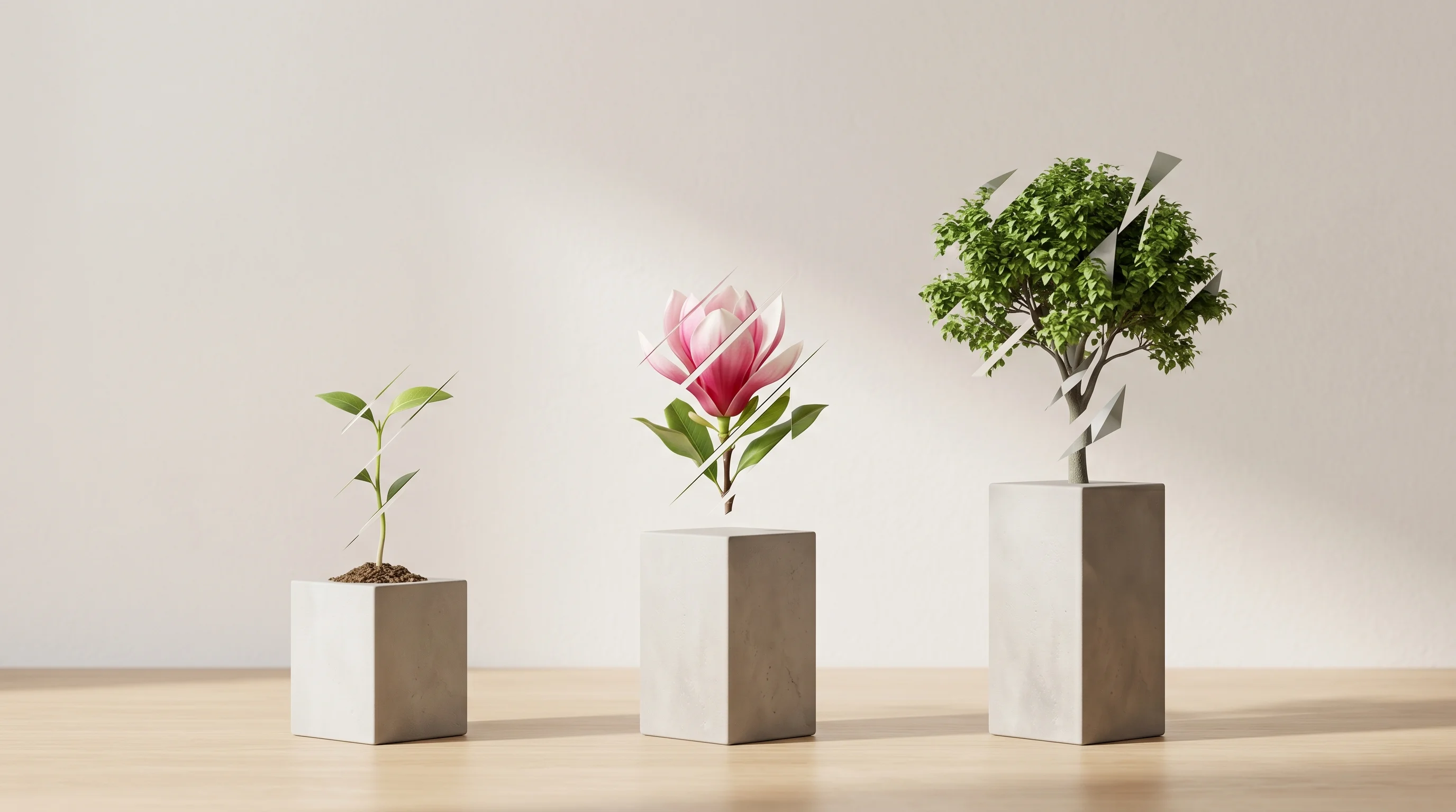 Digital illustration for article section "Pricing and Features" in "YC-Backed Klarify Launches AI Agent to Automate Therapist Paperwork" - A minimalist and conceptual still life representing three distinct pricing tiers—Sprout, Bloom, and ...