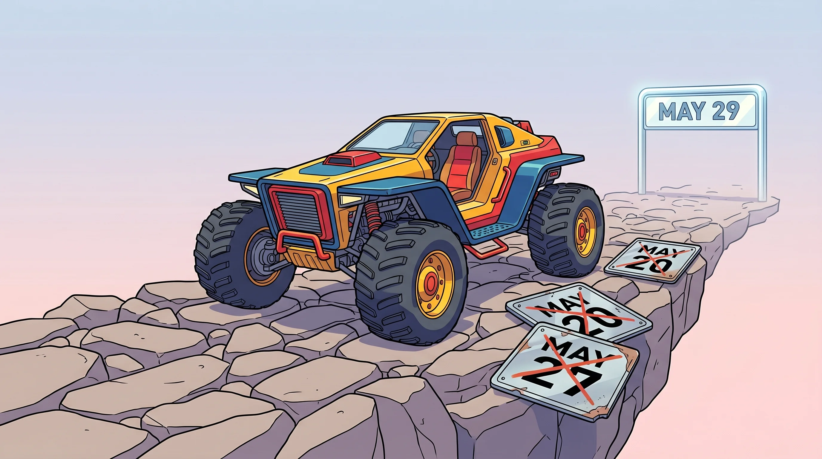 Digital illustration for article section "A Rocky Road to Release" in "Reaper Actual Secures Funding as Bing Gordon Joins Rocky Launch" - A solitary, retro-futuristic off-road vehicle sits temporarily stalled on a rugged, stylized rocky p...