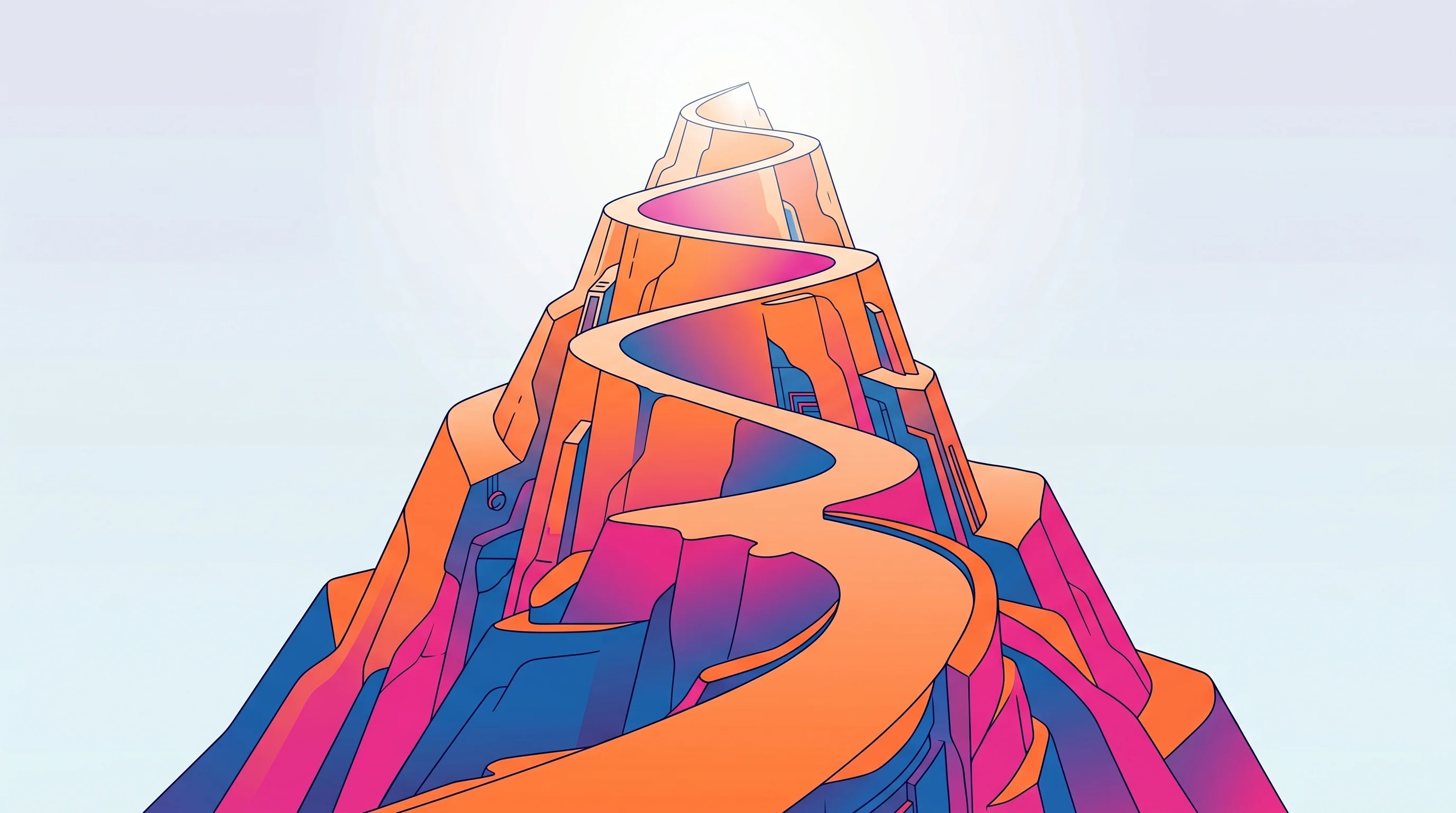 Digital illustration for article section "The Climb Ahead" in "Reaper Actual Secures Funding as Bing Gordon Joins Rocky Launch" - A steep, winding pathway ascending a towering, abstract mountain peak, symbolizing the arduous journ...