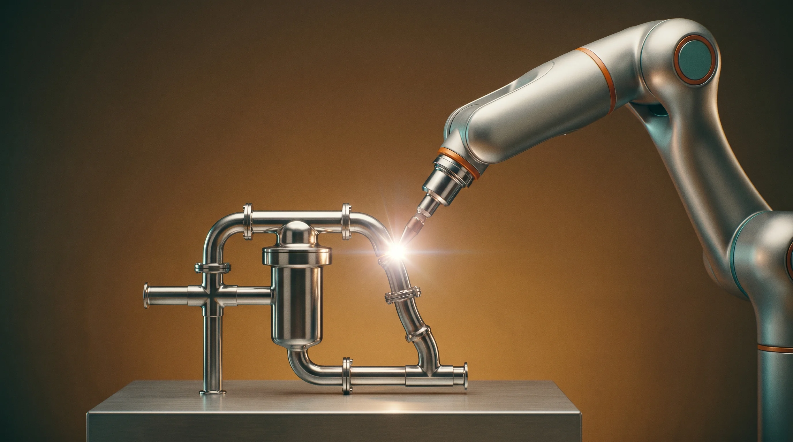 Digital illustration for article section "Theory Meets Metal" in "AI Tackles America's Welding Crisis: 320K Jobs, No One to Fill Them" - A sleek, modern robotic welding arm precisely fusing a complex, gleaming stainless steel metal joint...