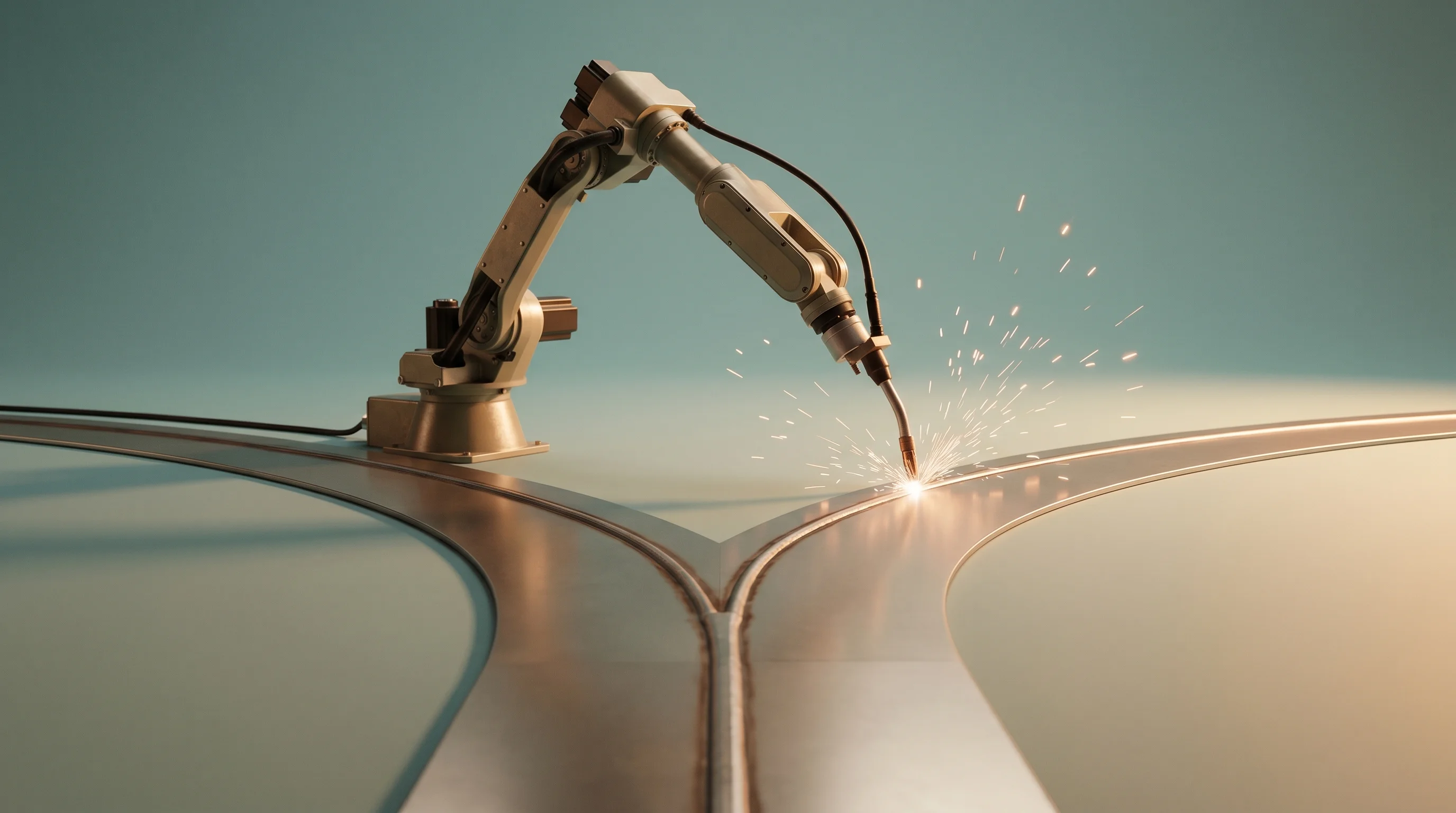 Digital illustration for article section "Bifurcating Trajectories" in "AI Tackles America's Welding Crisis: 320K Jobs, No One to Fill Them" - A conceptual and minimalist representation of bifurcating trajectories in modern manufacturing, feat...