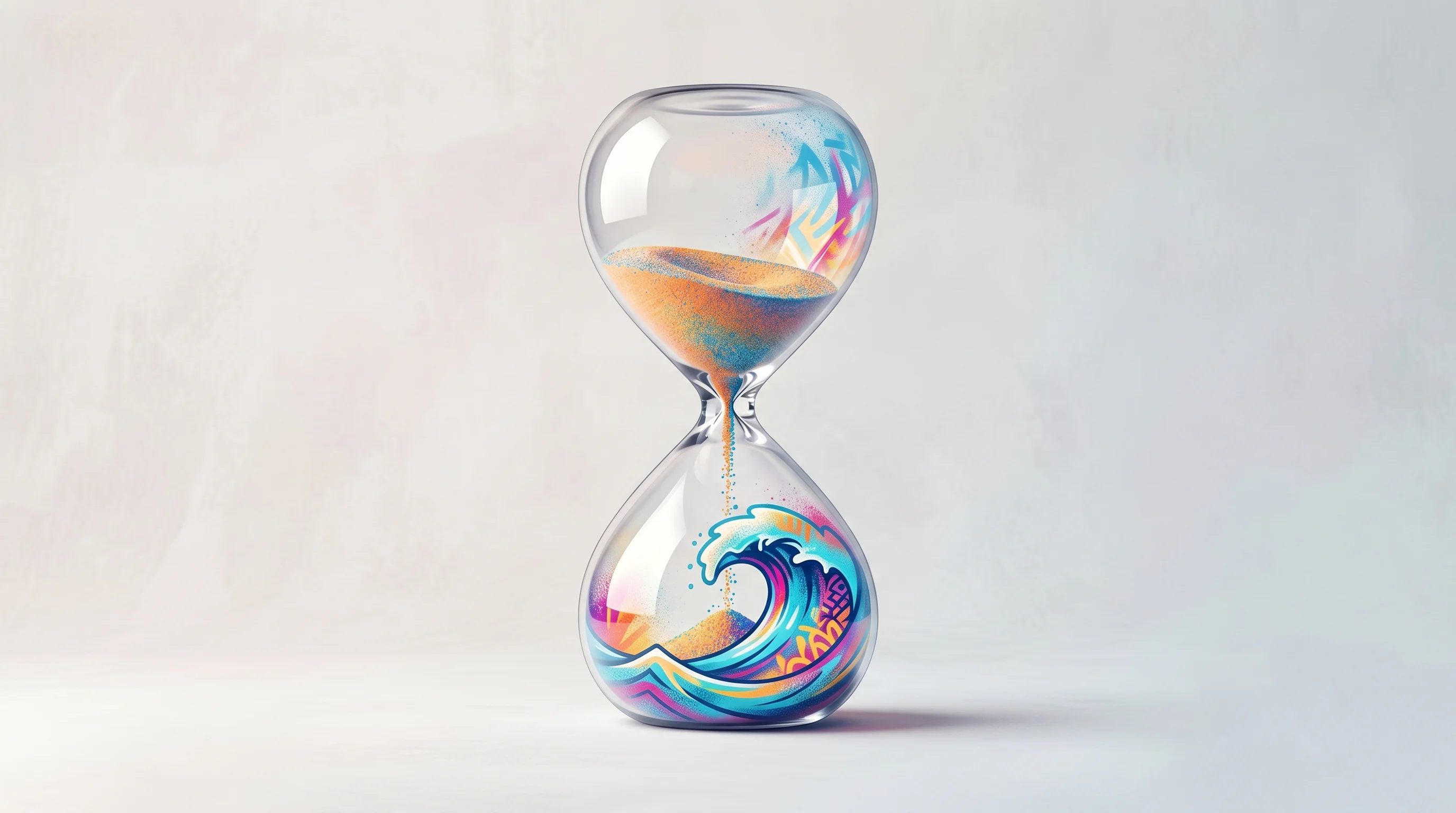 Digital illustration for article section "Timing and Timing Alone" in "Saaskart Launches AI-Powered Software Marketplace Amid Catalog Claims" - A minimalist and conceptual illustration of a sleek, modern hourglass where the falling sand elegant...