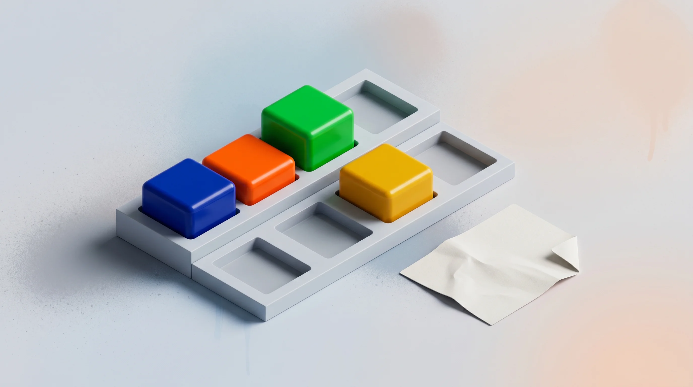 Digital illustration for article section "What's Actually There" in "Saaskart Launches AI-Powered Software Marketplace Amid Catalog Claims" - A clean, minimal conceptual composition featuring a sleek, modern display framework with a few vibra...