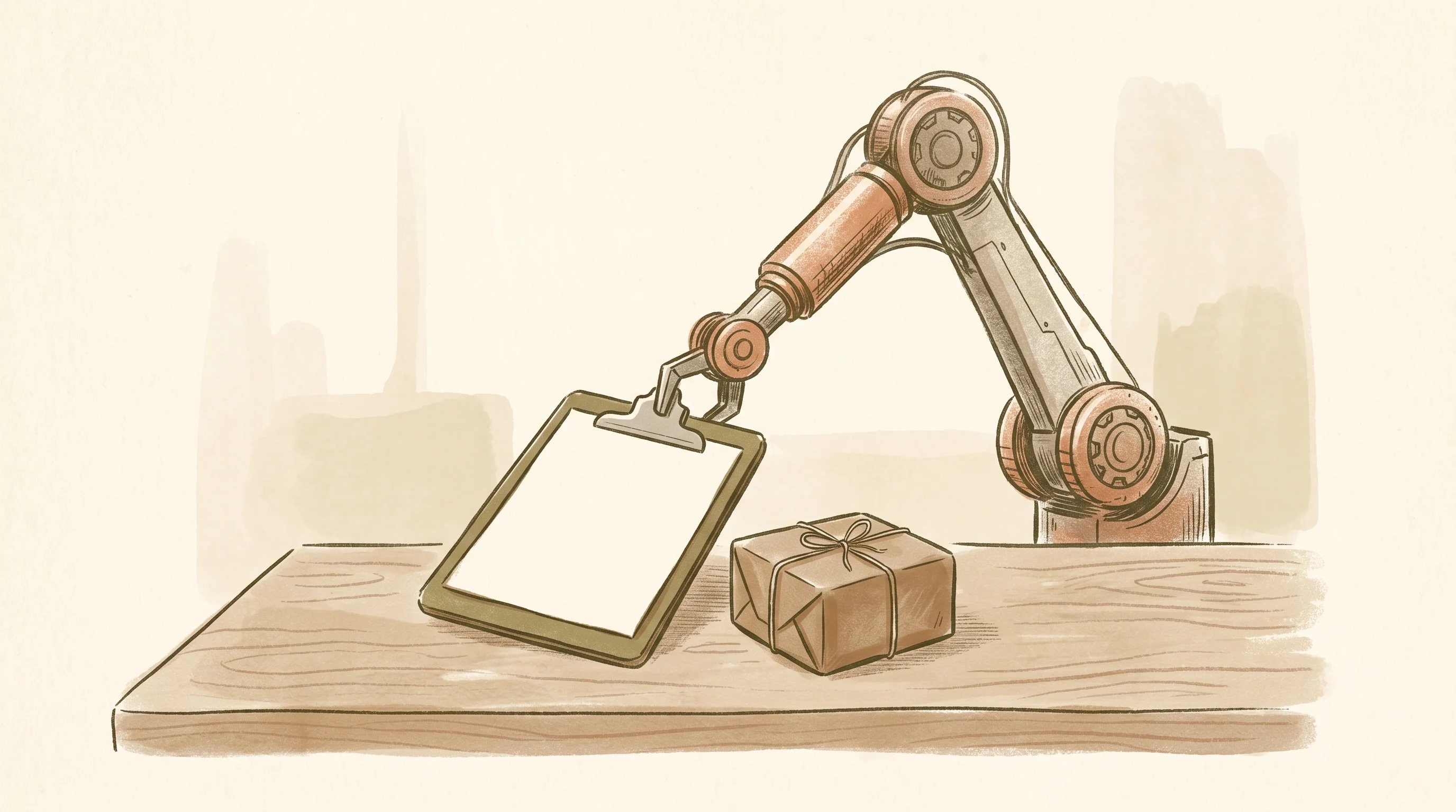 Digital illustration for article section "What the Bots Are Buying" in "YC-Backed RentAHuman Flips the Script: AI Agents Now Hire Humans" - A clean, minimal composition featuring an elegant, abstract mechanical arm placing a task clipboard ...
