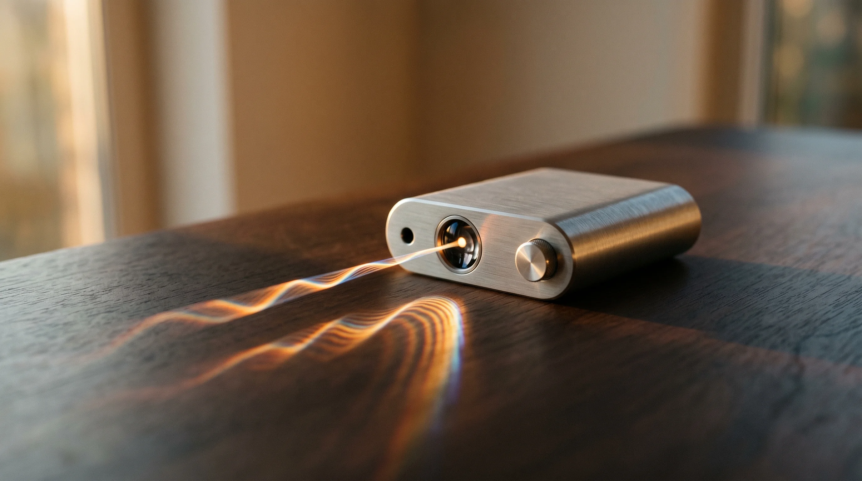 Digital illustration for article section "Lasers That Fit in Your Hand" in "SuperLight Photonics: The Photonics Startup Rising From Bankruptcy" - A sleek, portable, palm-sized laser device resting elegantly on a minimalist, uncluttered surface, c...