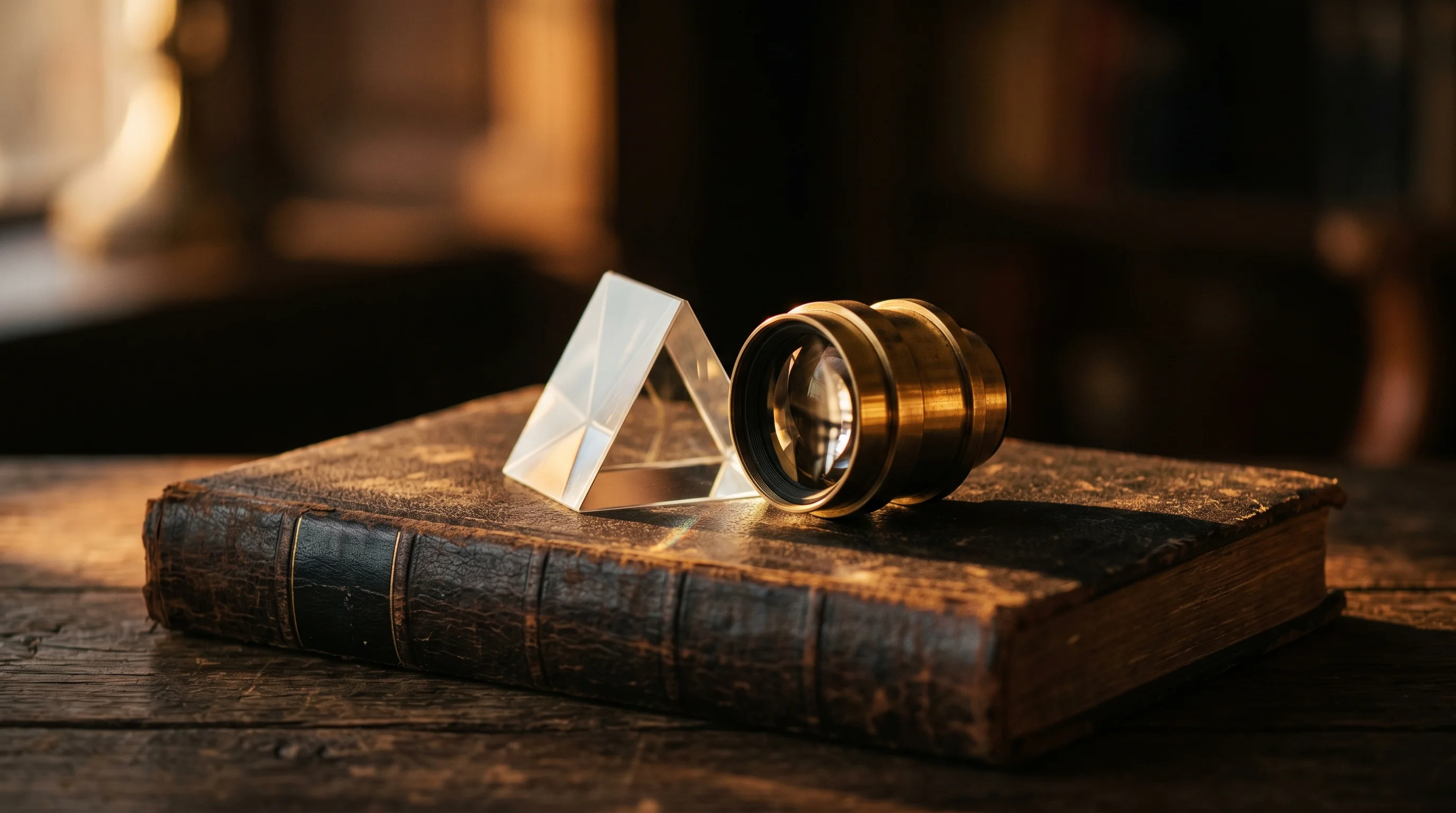 Digital illustration for article section "What Comes Next" in "SuperLight Photonics: The Photonics Startup Rising From Bankruptcy" - A cinematic photography shot of a sleek, minimalist geometric glass prism and a polished brass optic...
