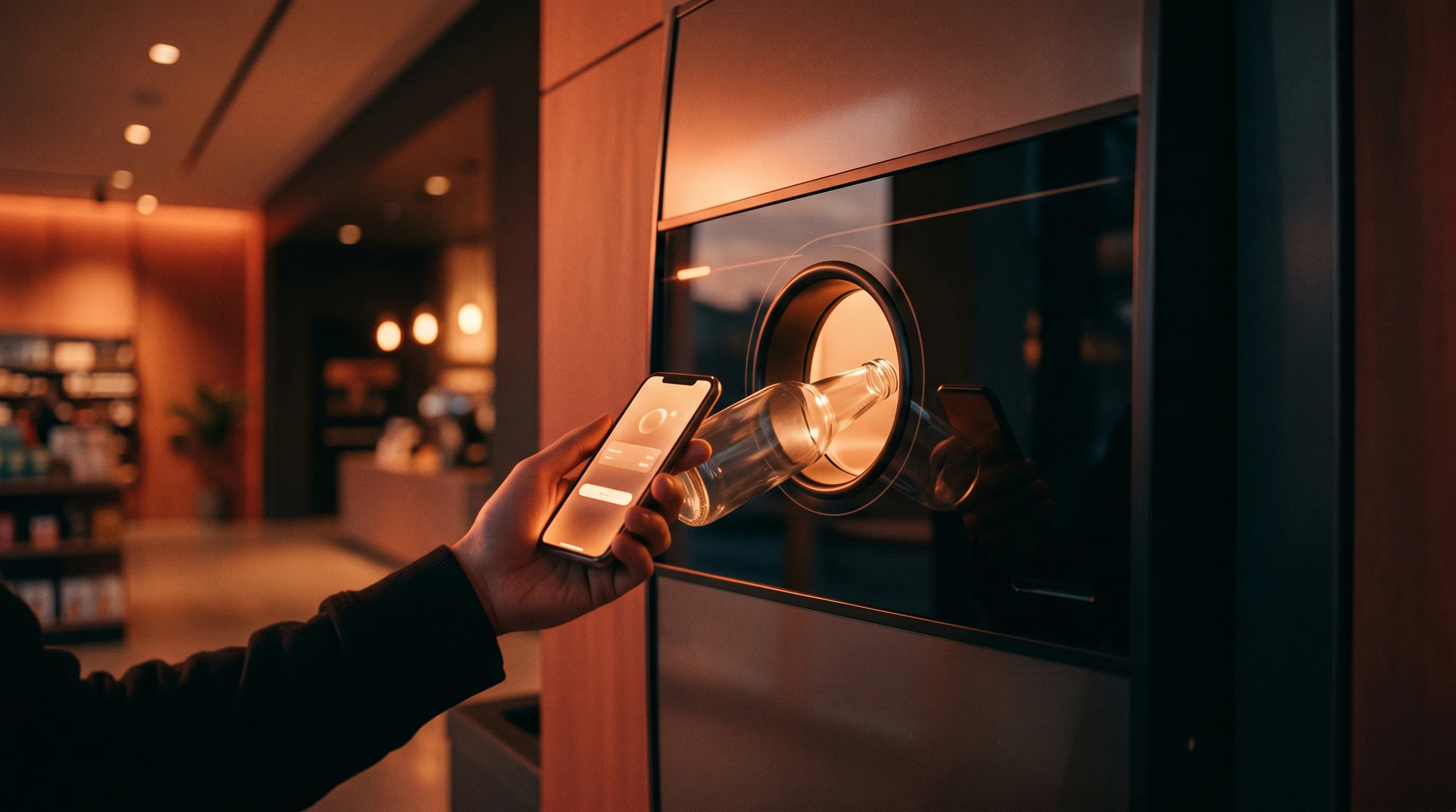 Digital illustration for article section "Reverse Vending Meets Retail Media" in "Droppie Raises $4.9M to Scale Gamified Recycling Platform" - A sleek, minimalist reverse vending machine in a modern convenience hub serves as the central focal ...