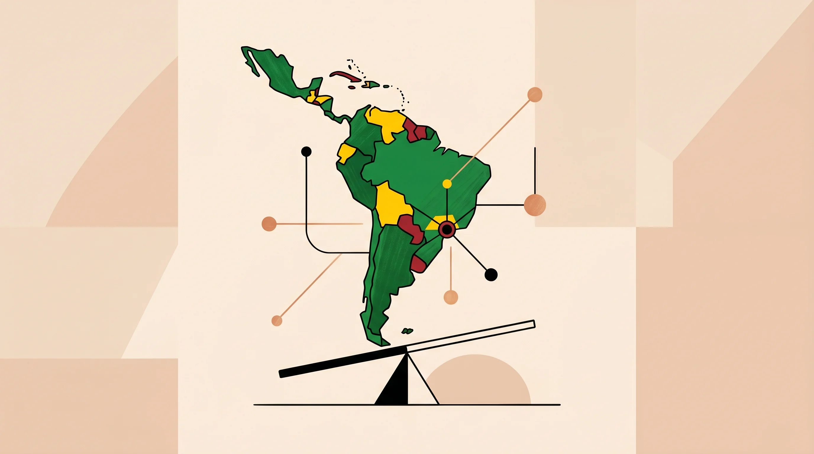 Digital illustration for article section "Brazil, Arbitrage, and the Economics of Global Labor" in "Hub Lands 7-Figure Deals With Global Data Network for AI Training" - A warm minimalist illustration depicting the concept of global labor economics and data collection a...