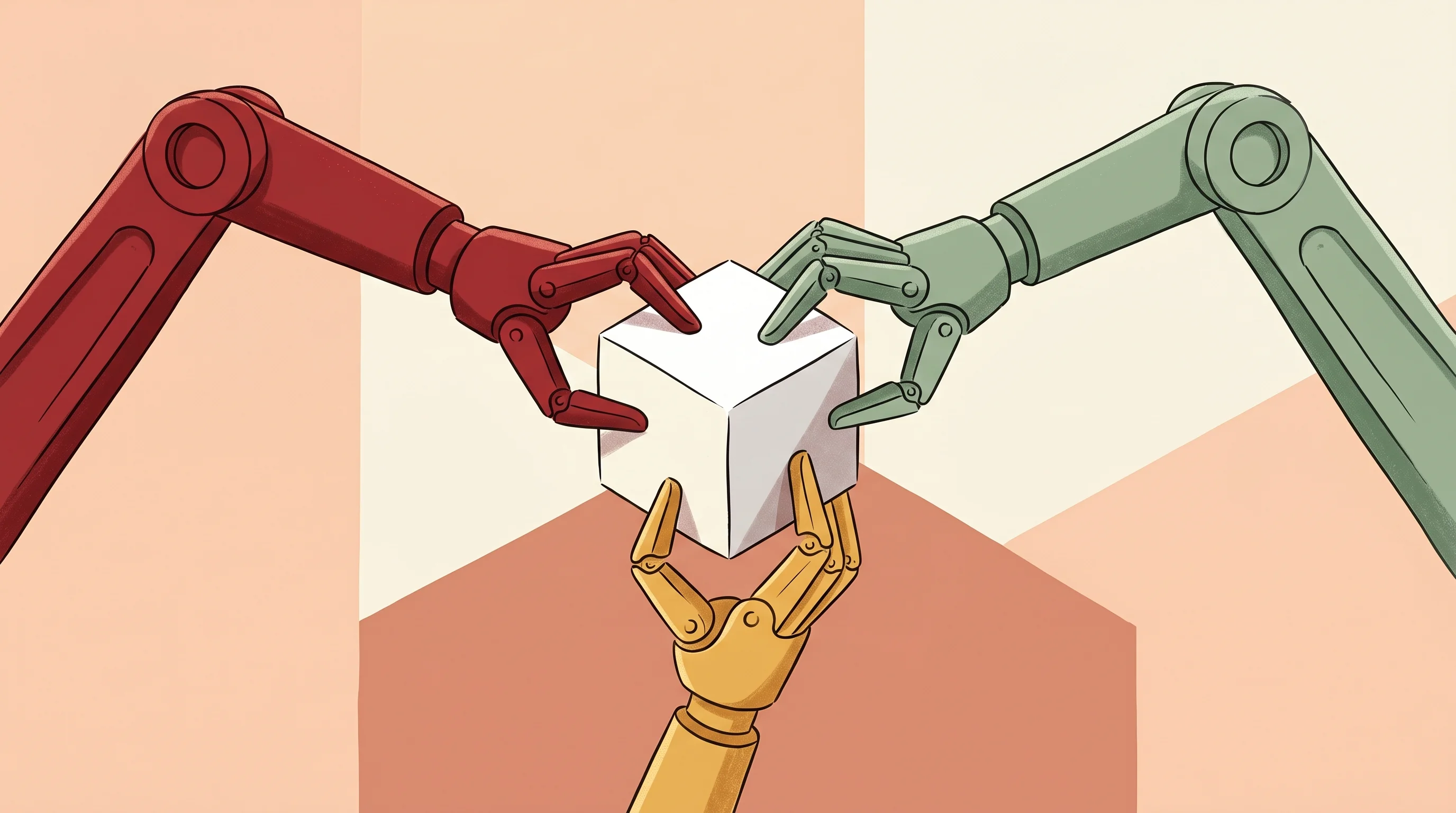 Digital illustration for article section "A Market Getting Crowded, Fast" in "Hub Lands 7-Figure Deals With Global Data Network for AI Training" - A minimalist illustration depicting a rapidly crowding market for physical AI, featuring three sleek...