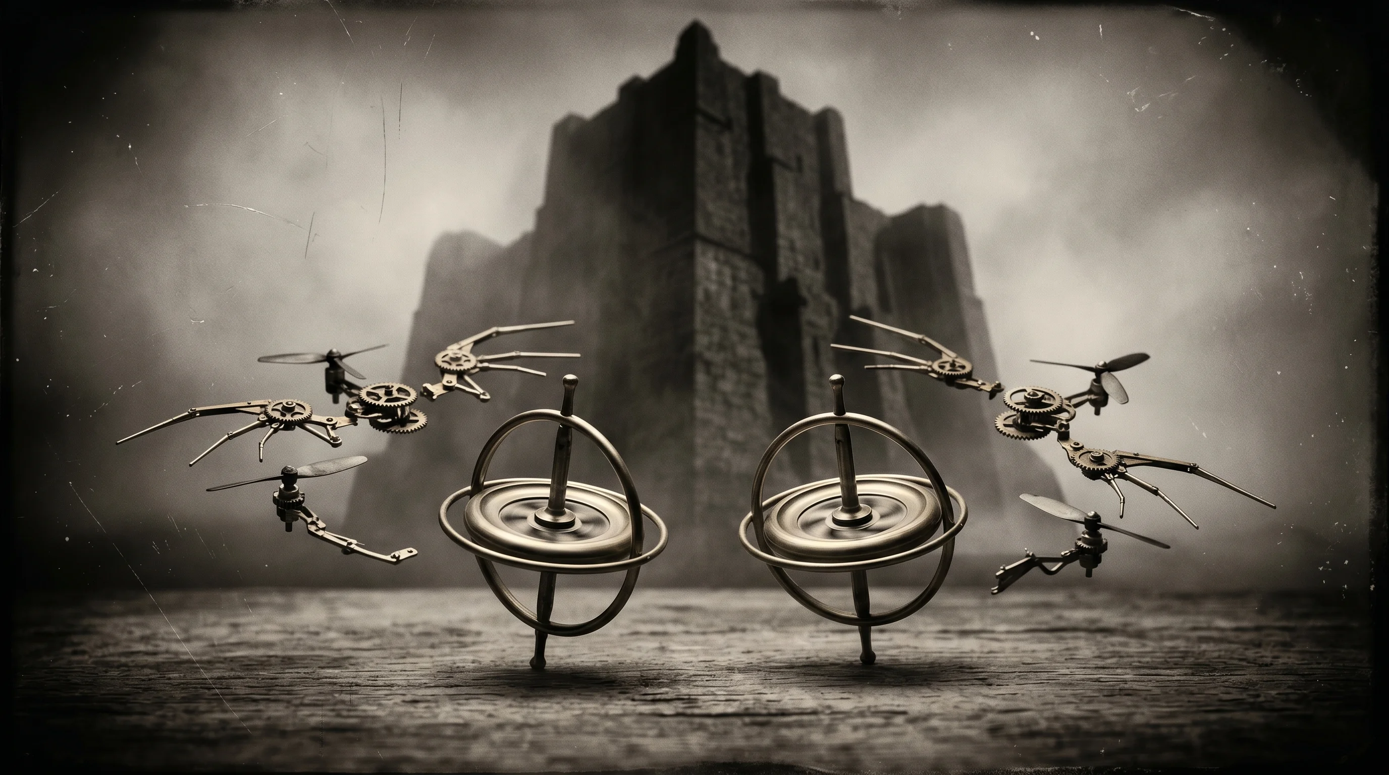 Digital illustration for article section "The Long Odds" in "YC-Backed Surtr Launches Open OS to Unify Drone Defense Hardware" - A clean, minimal conceptual composition featuring two small, elegantly simple antique brass gyroscop...
