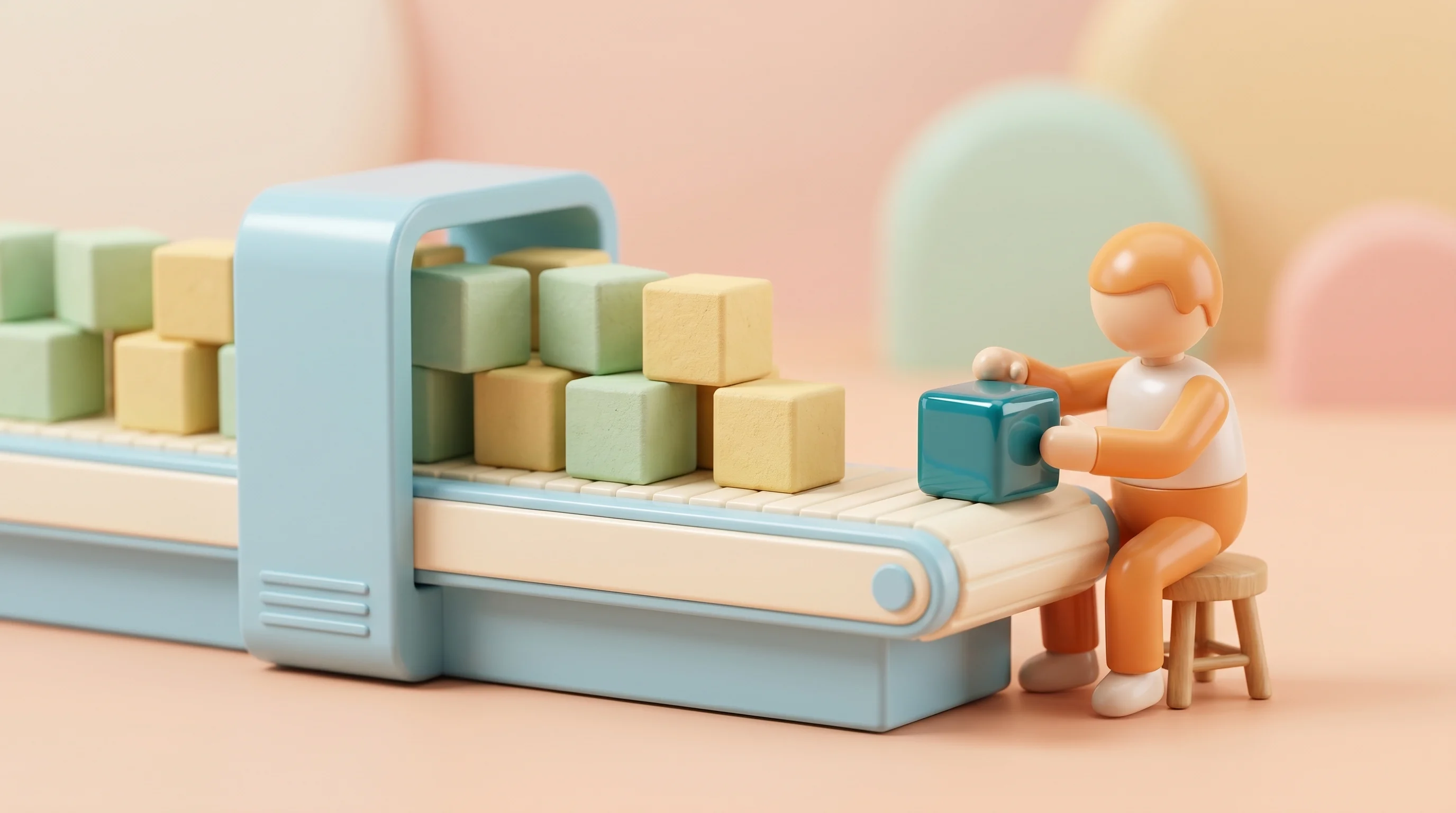 Digital illustration for article section "The Self-Serve Mirage" in "YC's InstaAgent Hits $2M ARR Scaling Ads Across Hundreds of Personas" - A clean, minimal 3D cartoon miniature model illustrating the concept of quality control and human-in...