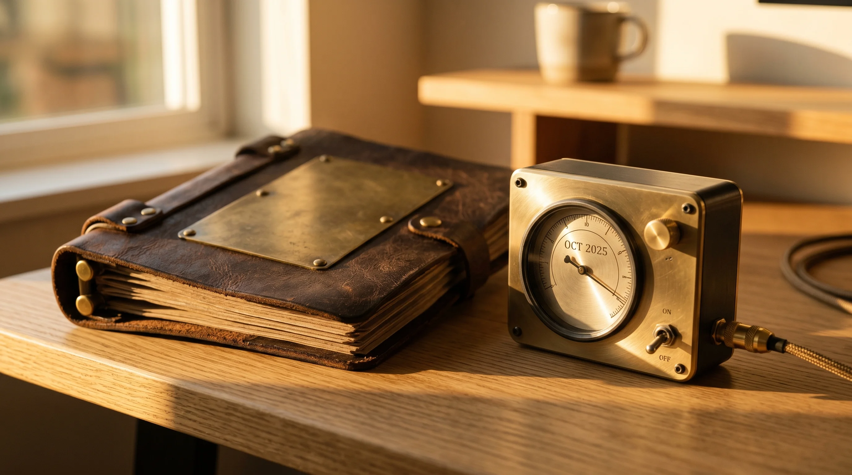 Digital illustration for article section "The Client That Appeared Early" in "Ex-WorldQuant PM Launches AI Engine Generating Alpha for Hedge Funds" - A close-up, cinematic photography shot of a sleek, retro-futuristic brass and leather institutional ...