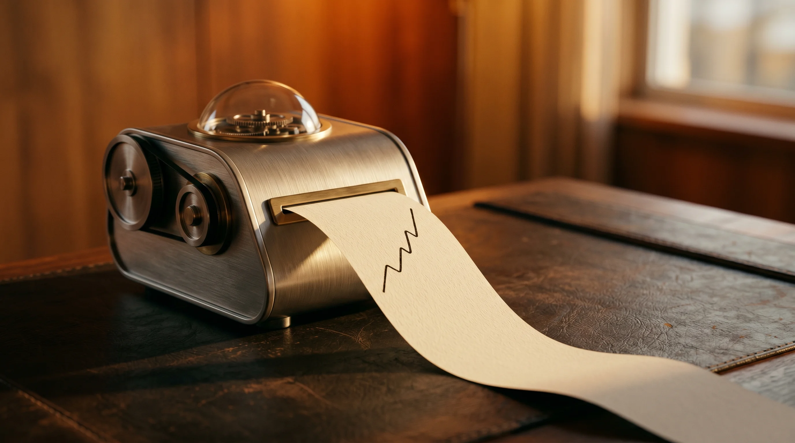 Digital illustration for article section "The Proof Is in the P&L" in "Ex-WorldQuant PM Launches AI Engine Generating Alpha for Hedge Funds" - A clean, minimalist composition focusing on a sleek, retro-futuristic financial ticker tape machine ...