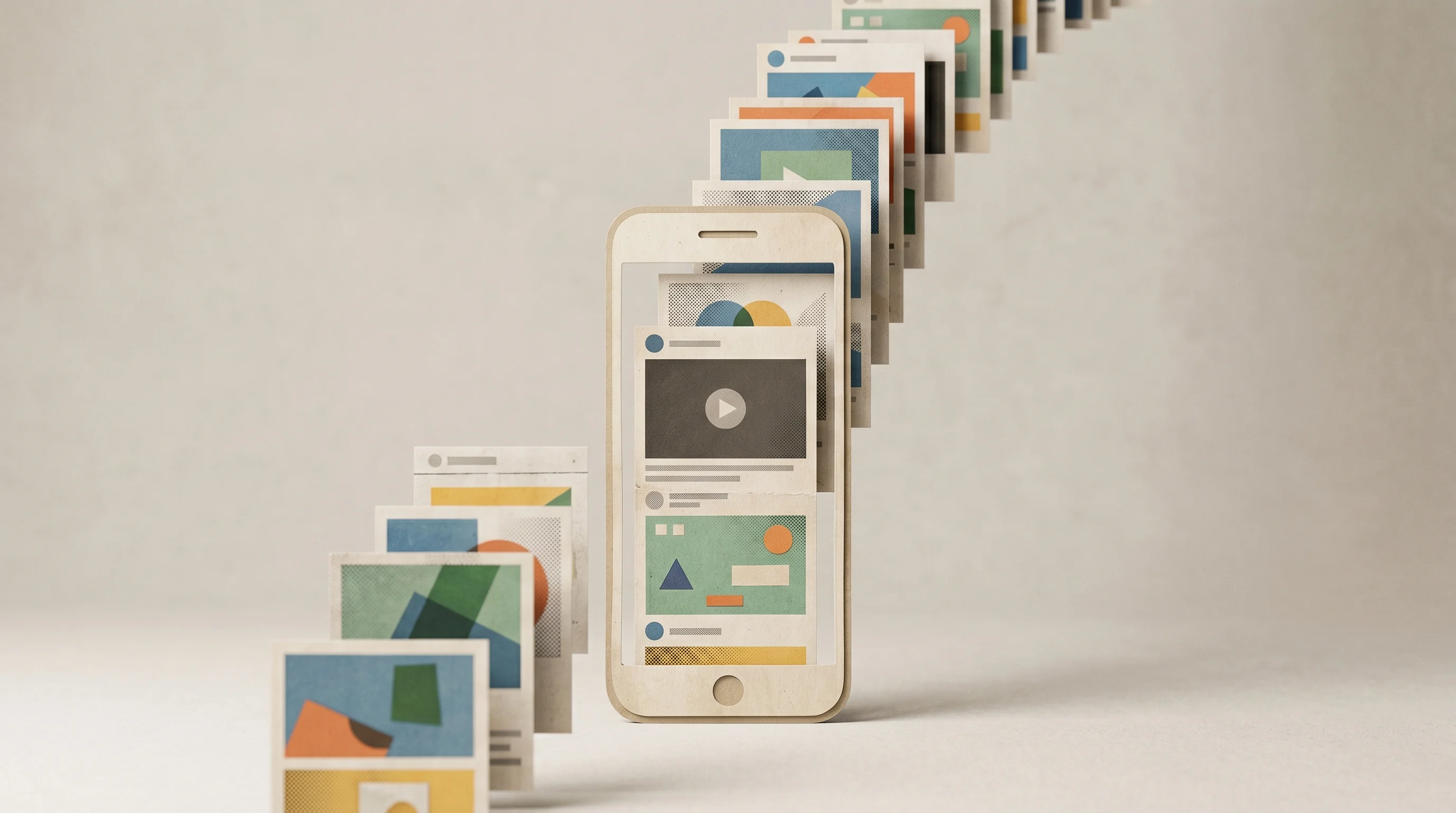 Digital illustration for article section "Everyone Wants to Be TikTok (For Something)" in "Playabl Hits 4M Plays in Three Weeks as 'TikTok for Games' Takes Off" - A clean, minimalist conceptual image representing the endless scrolling "TikTok for X" trend, featur...