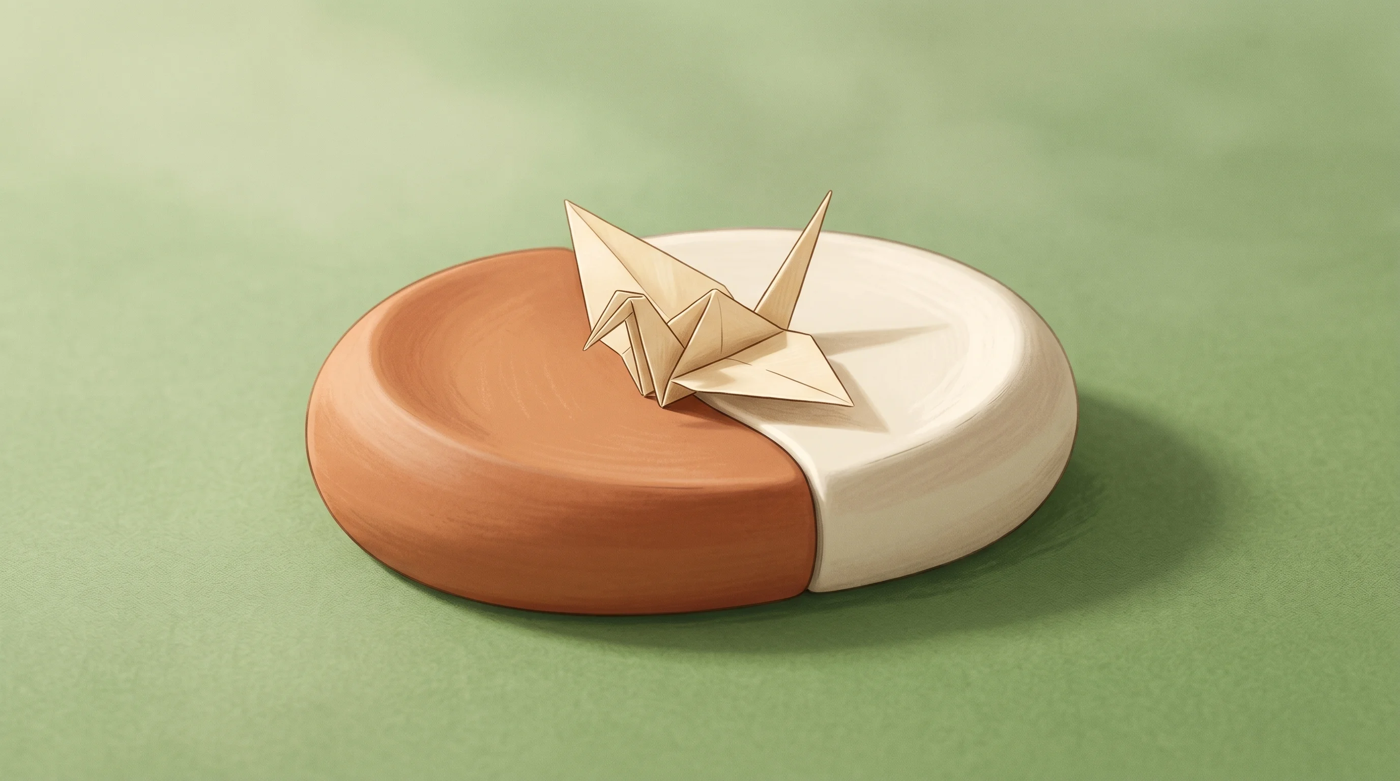 Digital illustration for article section "IPC, Updated" in "Deno Desktop Launches to Simplify Cross-Platform App Development" - A minimalist, poetic illustration of two smooth, perfectly interlocking curved ceramic shapes restin...