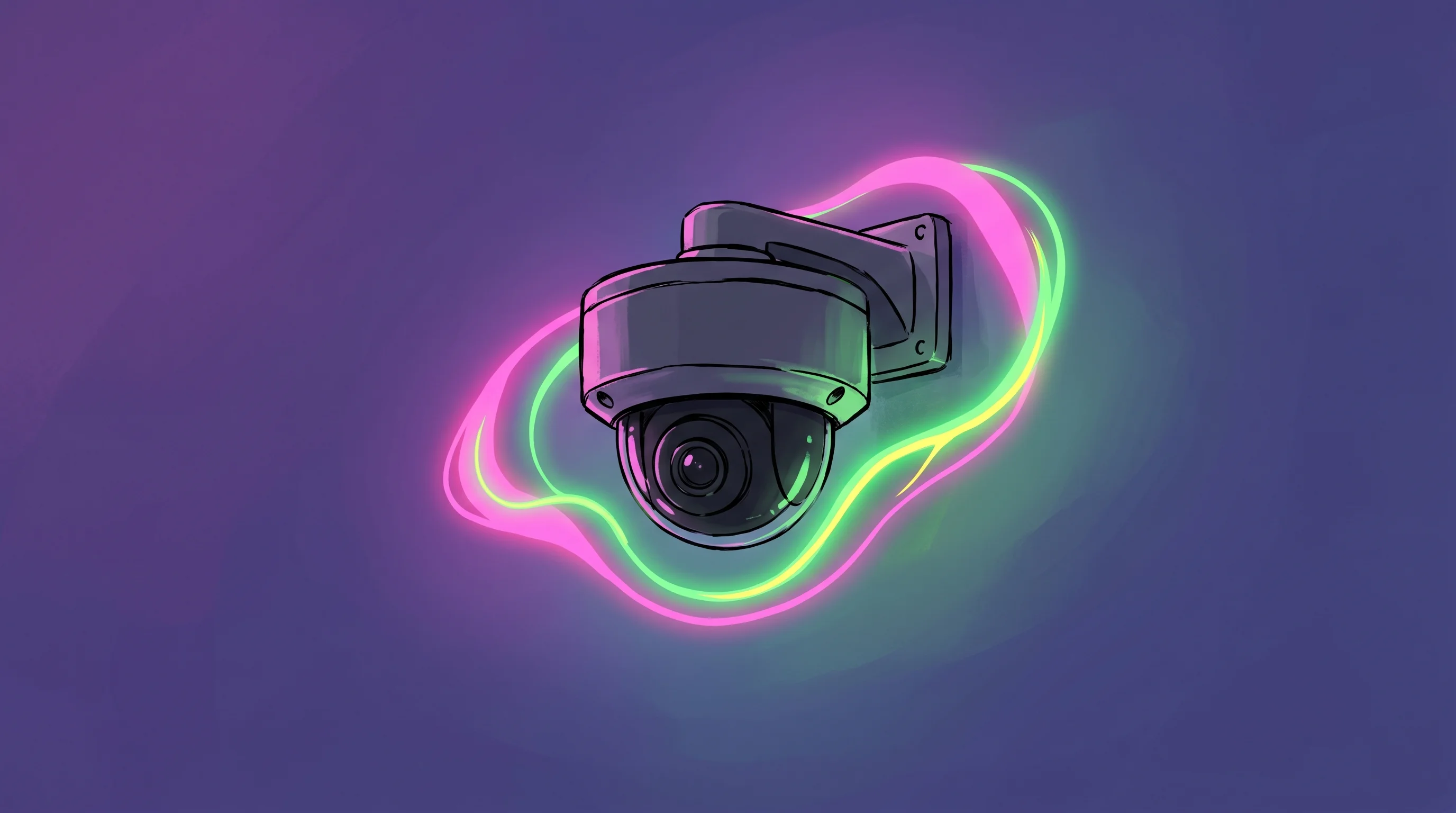 Digital illustration for article section "The "No New Cameras" Promise Is Now Table Stakes" in "ProactAI Secures Funding from Ixigo for Retail Vision AI Platform" - A solitary, standard dome-style retail security camera mounted on a smooth, minimalist wall, concept...