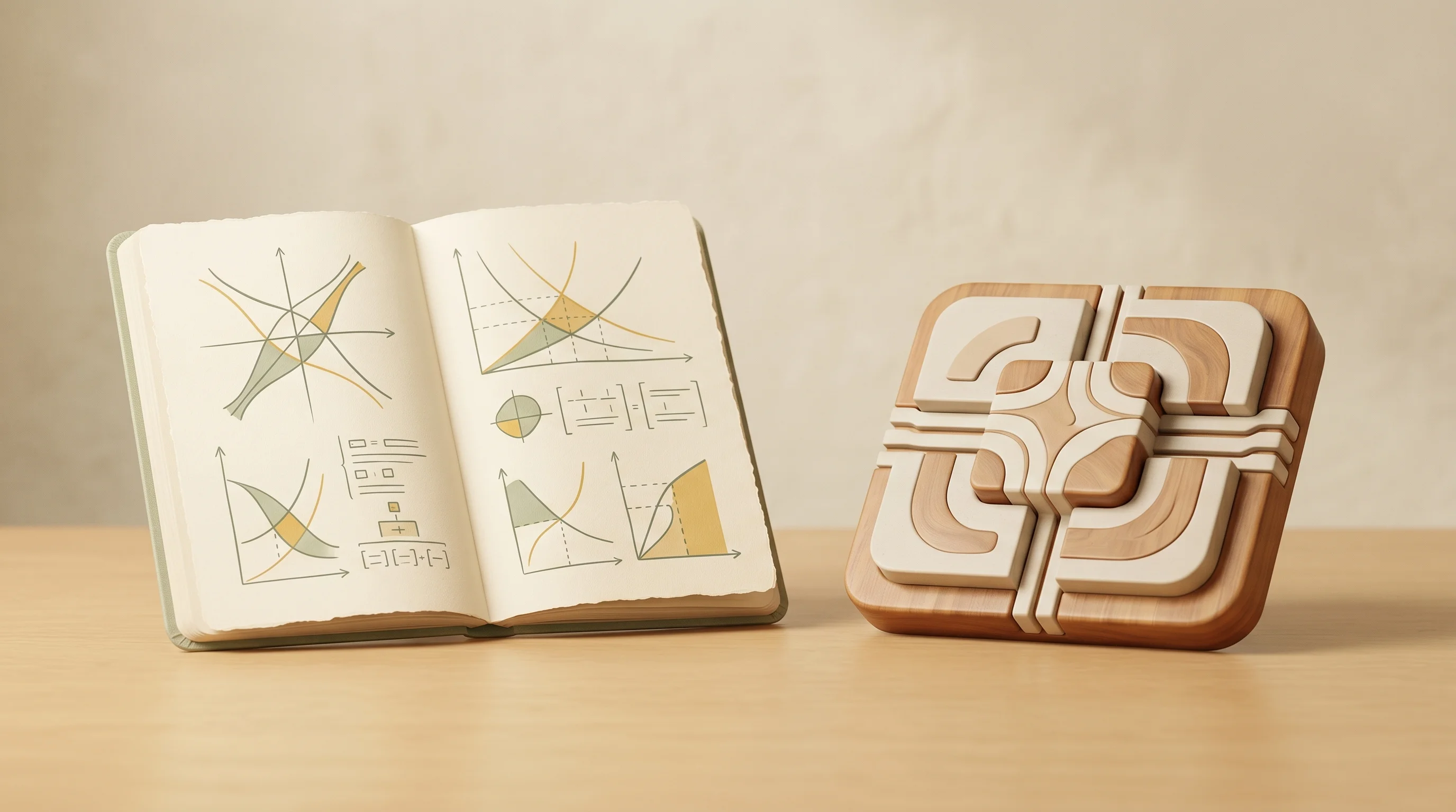 Digital illustration for article section "Technical Pedigree Meets Market Timing" in "Chert's New API Turns iMessage Into Business Messaging Platform" - A clean, minimalist conceptual still life representing the intersection of computer science and math...