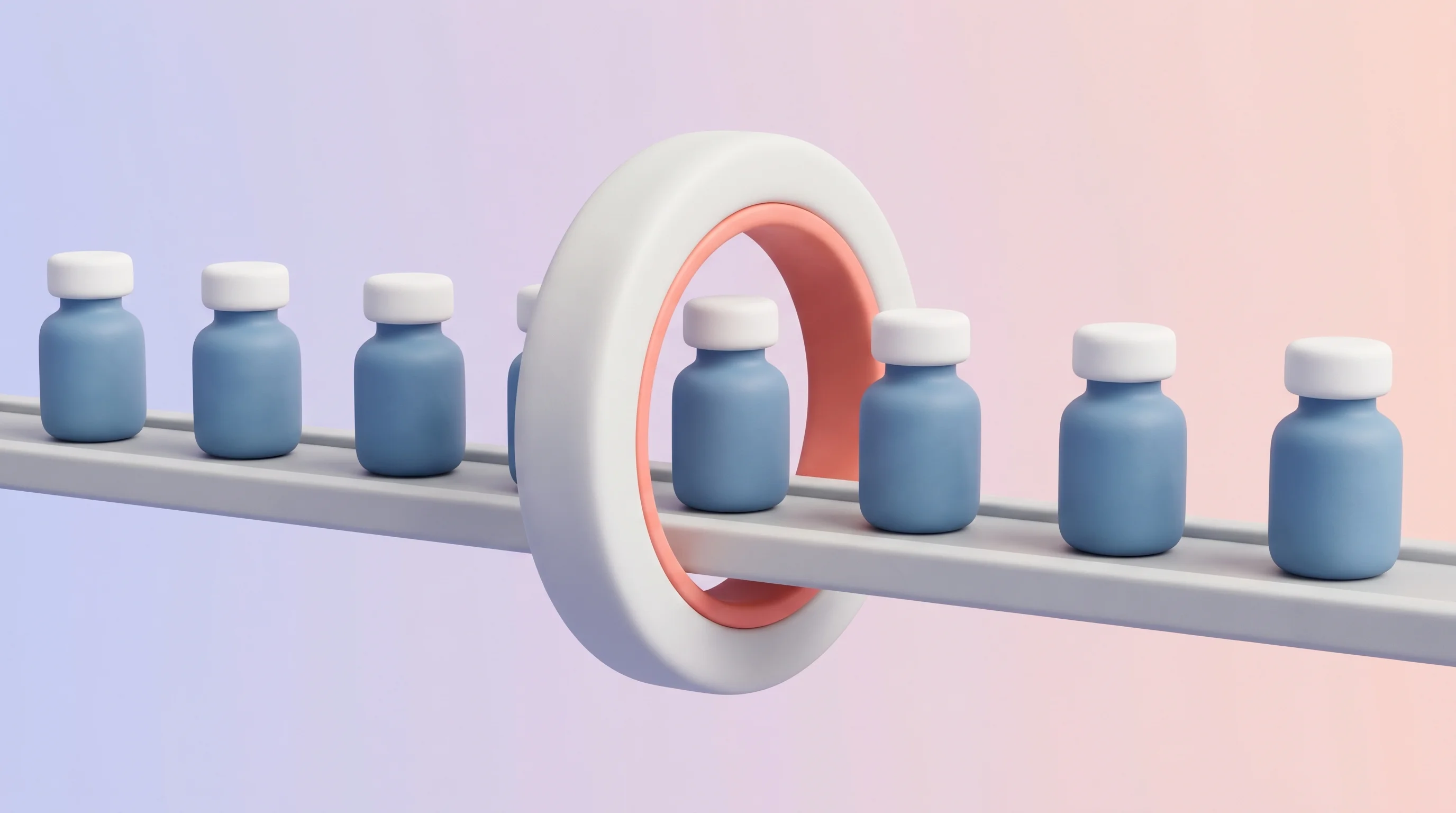 Digital illustration for article section "The Regulatory Gauntlet" in "ChemT Raises $4M Seed to Scale AI-Designed Molecules for Biologics" - A highly minimalist and conceptual 3D rendering representing biotech regulatory validation, featurin...