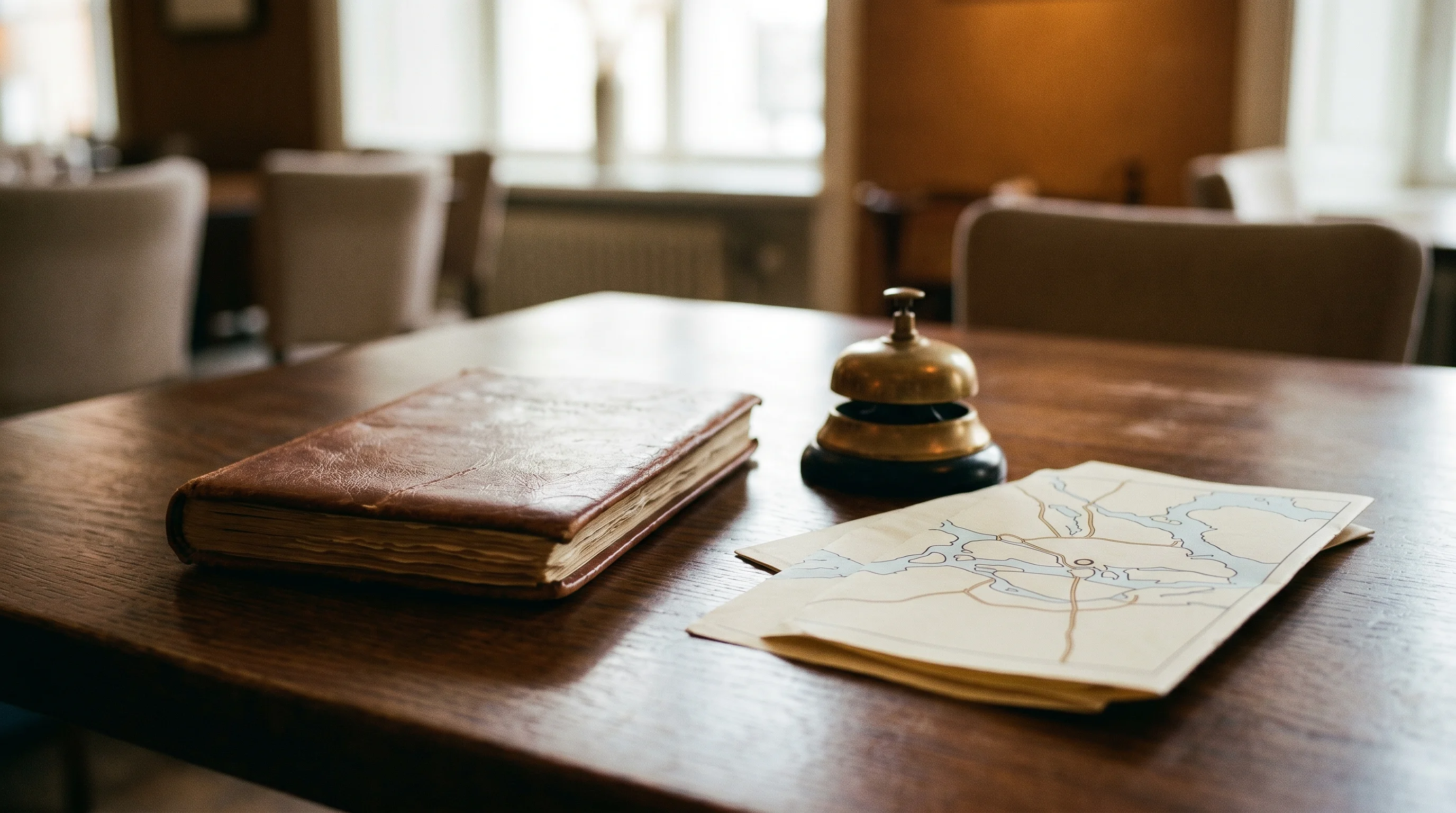 Digital illustration for article section "Stockholm First, Then the World" in "Elyra's AI Reservation System Targets $100K+ in Lost Bookings" - A clean and minimalist conceptual composition featuring a single, elegant leather-bound restaurant r...